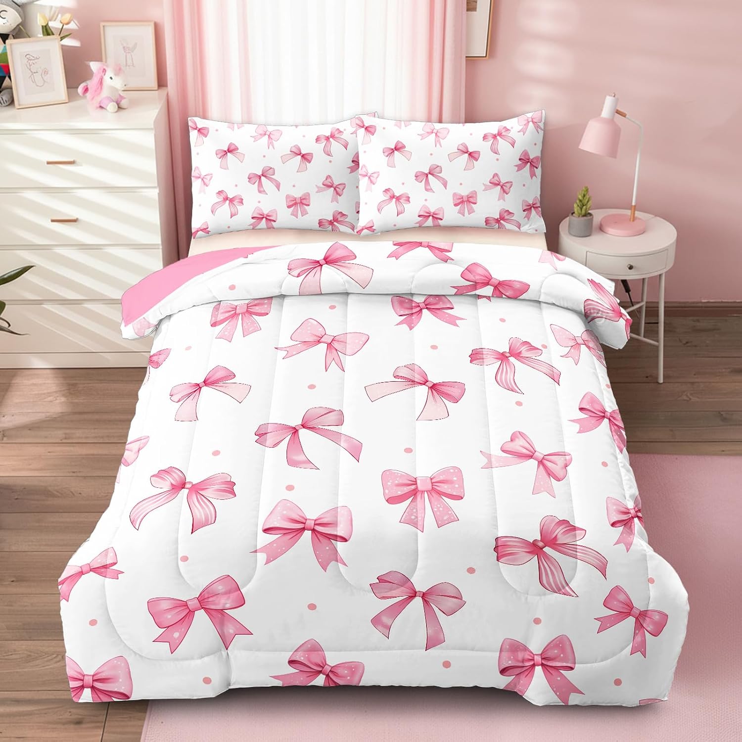 HICAND Girls Pink Bow Full Bedding Set, Cute Bowknot Comforter Set for Girls Room Decor