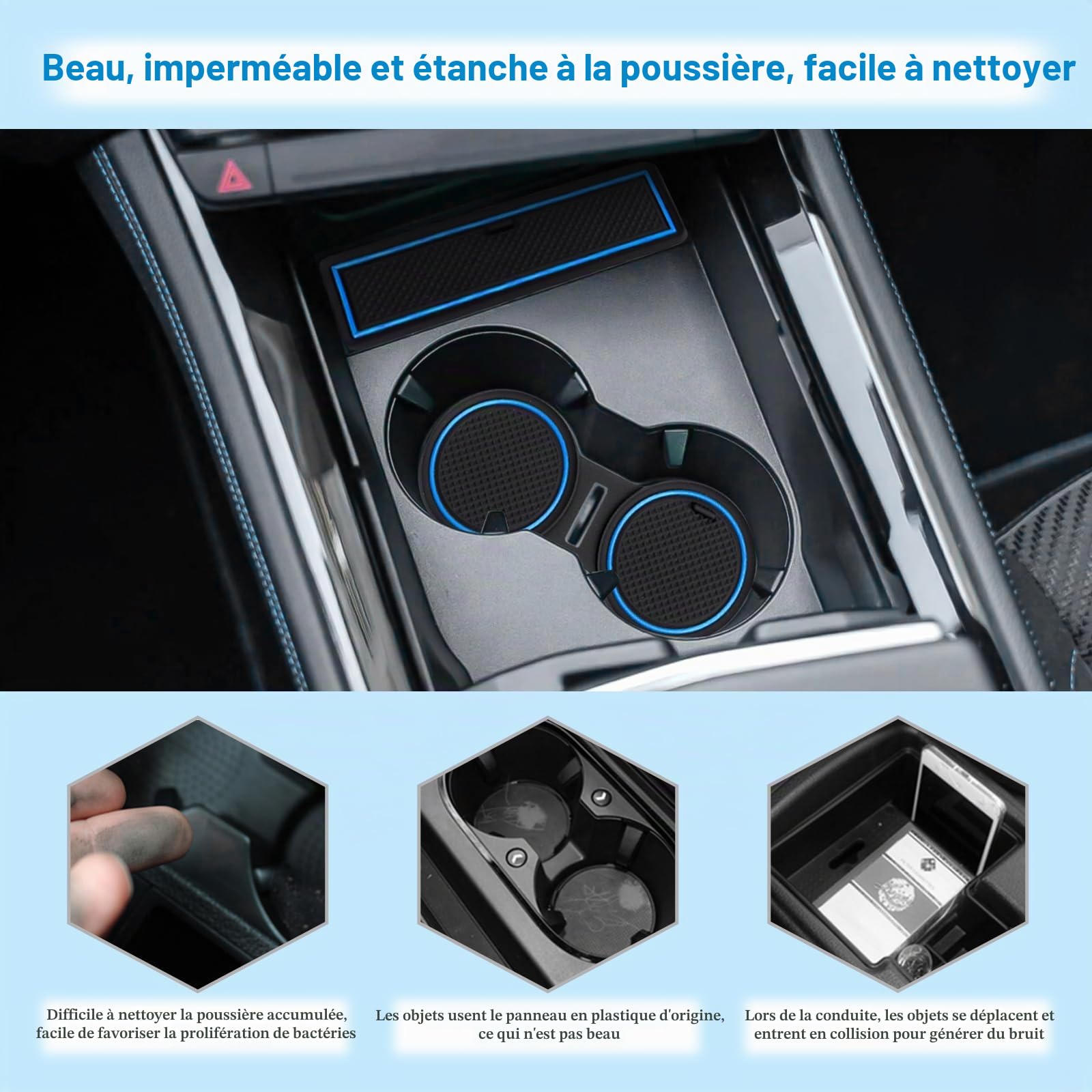 Tapis Anti-dérapants Compatible avec Renault Austral E-Tech Hybrid 2022-2024, Renault Austral Tapis en Caoutchouc pour Accoudoir, Console Centrale, Porte-Gobelet, Rainure de Porte (Bleu)