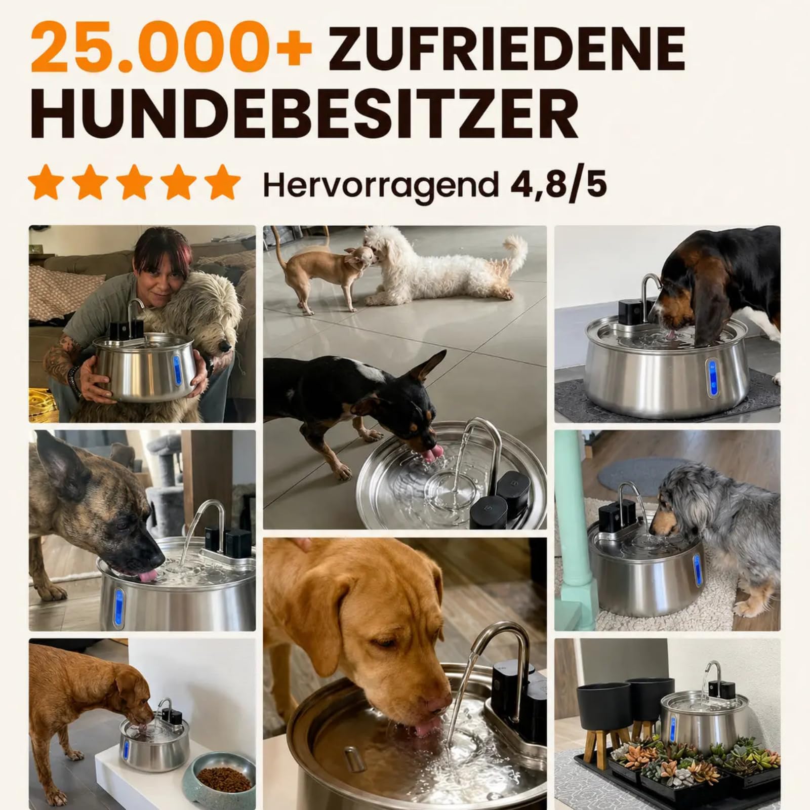 Vello Brunnen Hund,Kabelloser Katzenbrunnen Edelstahl 135oz/4L,Automatischer Haustier Wasserspender mit vierstufigem Filter,Leise Pumpe,für Katzen und kleine Hunde
