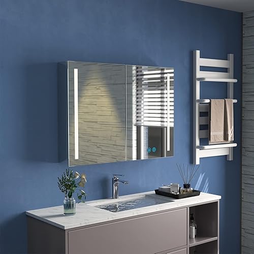 Botiquín de baño con luces, 31 x 24 pulgadas, armario con espejo LED, 2 puertas, gabinete de baño LED con espejo, desempañador, temperatura de 3