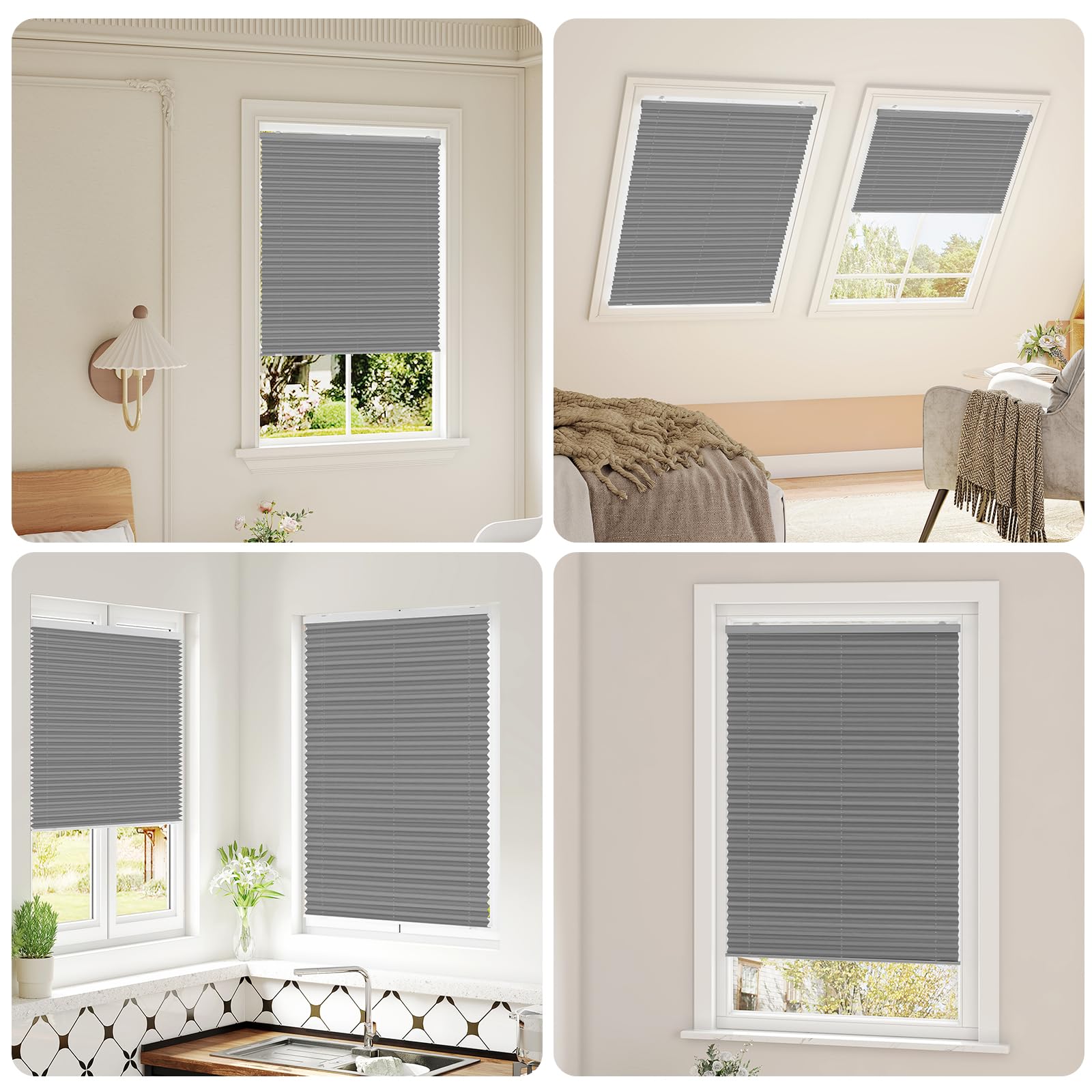 WOLTU Tenda Plissettata Senza Foratura con Ventose, Tenda a Pieghe Interna Semitrasparente per Protezione Solare, Adatta per Finestre Comuni, Lucernari e Portefinestre, 75x120 cm, Grigio