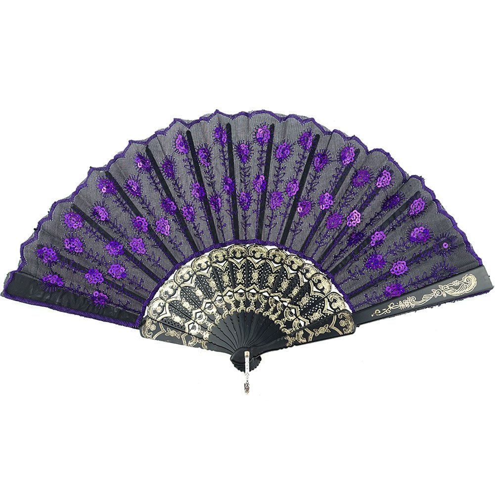 INNOLIFE Elegant Colorful Embroidered Flower Peacock Pattern Sequin Fabric Folding Handheld Hand Fan Hand-Crafted (Purple)