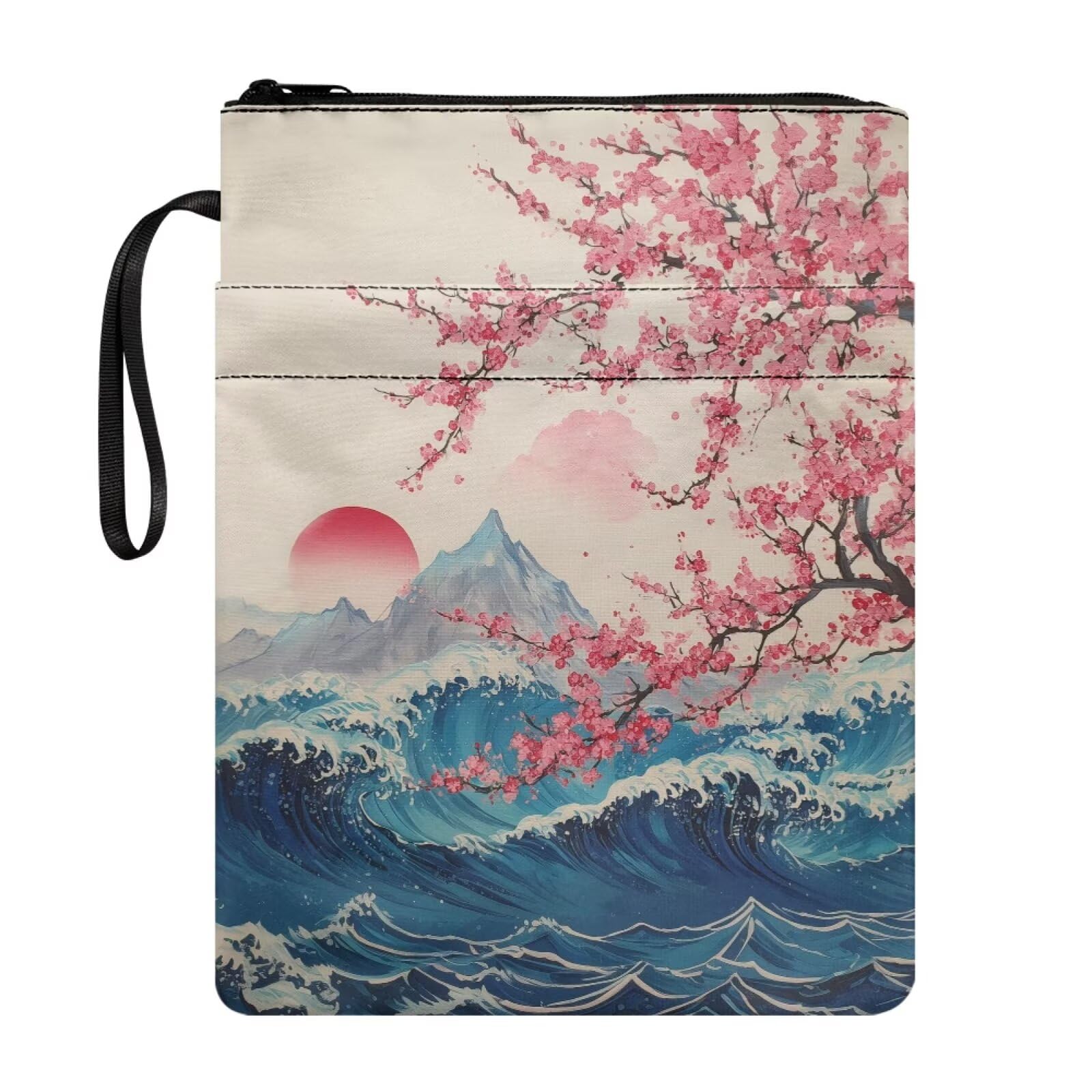 Poceacles Book Pouch Sleeve with Zipper Fabric Book Covers for Paperbacks Hardcover Notebook Bible Journal Textbooks, Japanese Style Graphic Japan Aesthetic Mountain Sun Sea Wave Flower โ image 1