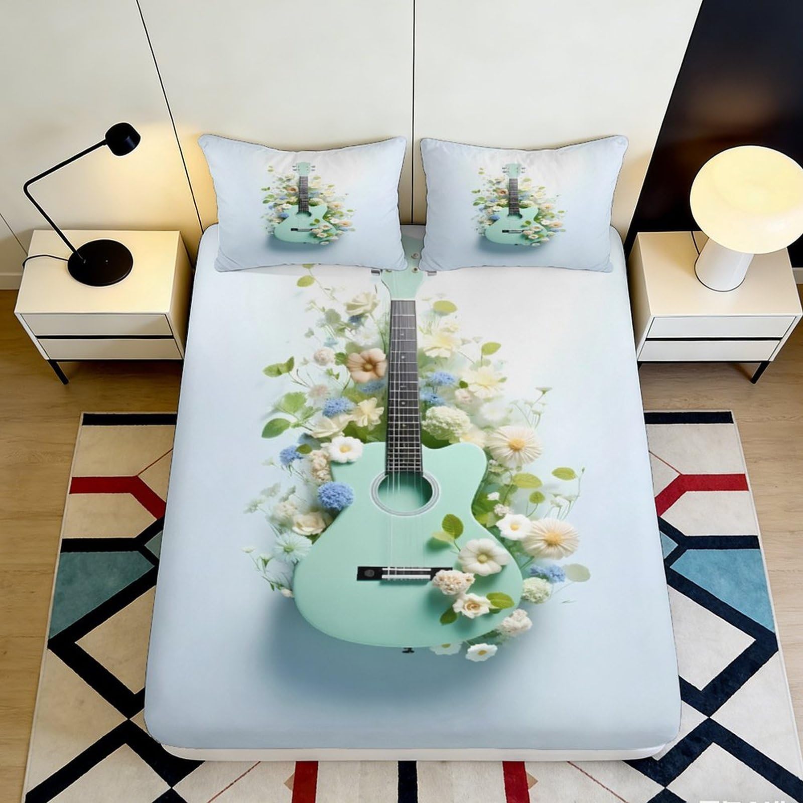 3D Printed Blue Guitar Floral Fitted Sheet Microfiber Soft Artistic Bed Sheet Bedroom Decor Mattress Cover 90x200x25cm