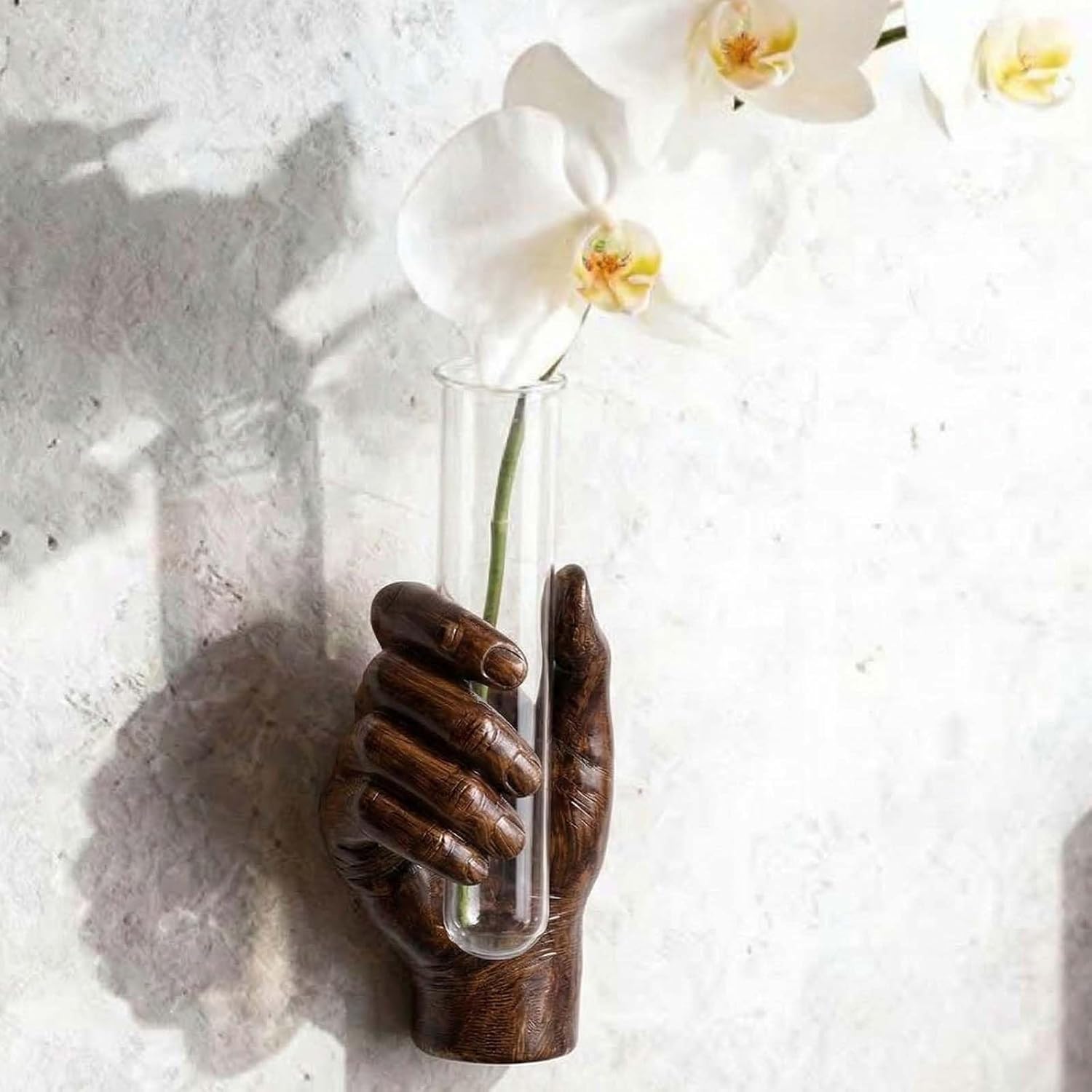 Hand Wall Sculpture with Vase – Unique Resin Art, Wall-Mounted Flower Vase, Modern Decor for Living Room, Office, Apartments, Stylish Home, Elegant Interior, Contemporary Decoration (Wood)