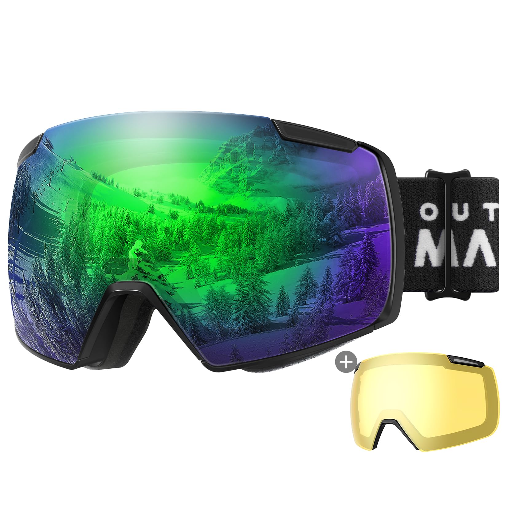 OutdoorMaster Heron Skibrille mit 2 Gläsern, rahmenlos, magnetisch austauschbare HD Toric Lens, OTG Snowboardbrille für Männer & Frauen, 100% UV-Schutz Snow Goggles