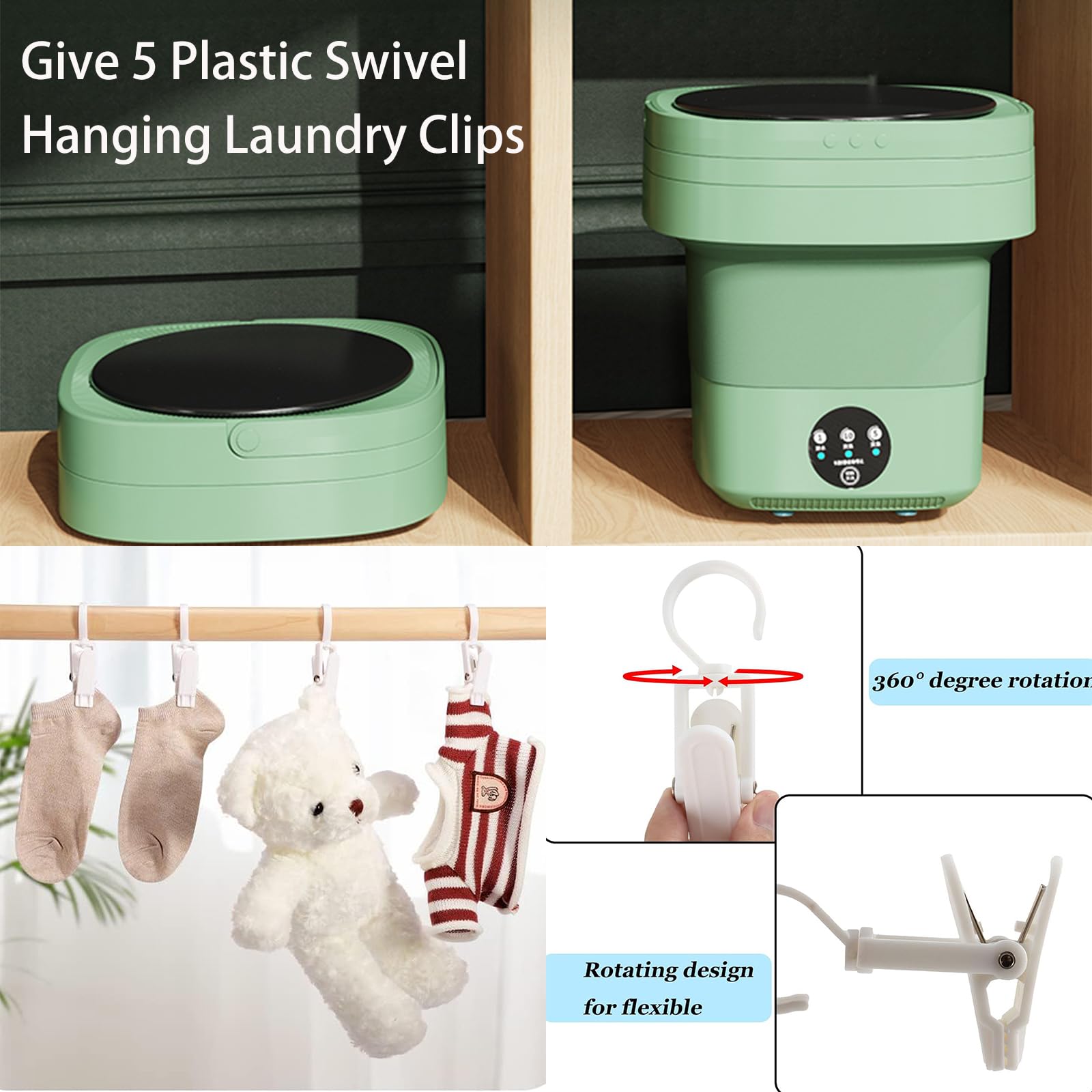 Lavatrice pieghevole portatile, capacità 8 l, mini macchina per lavanderia per viaggi, camper, campeggio, casa o appartamenti (verde)