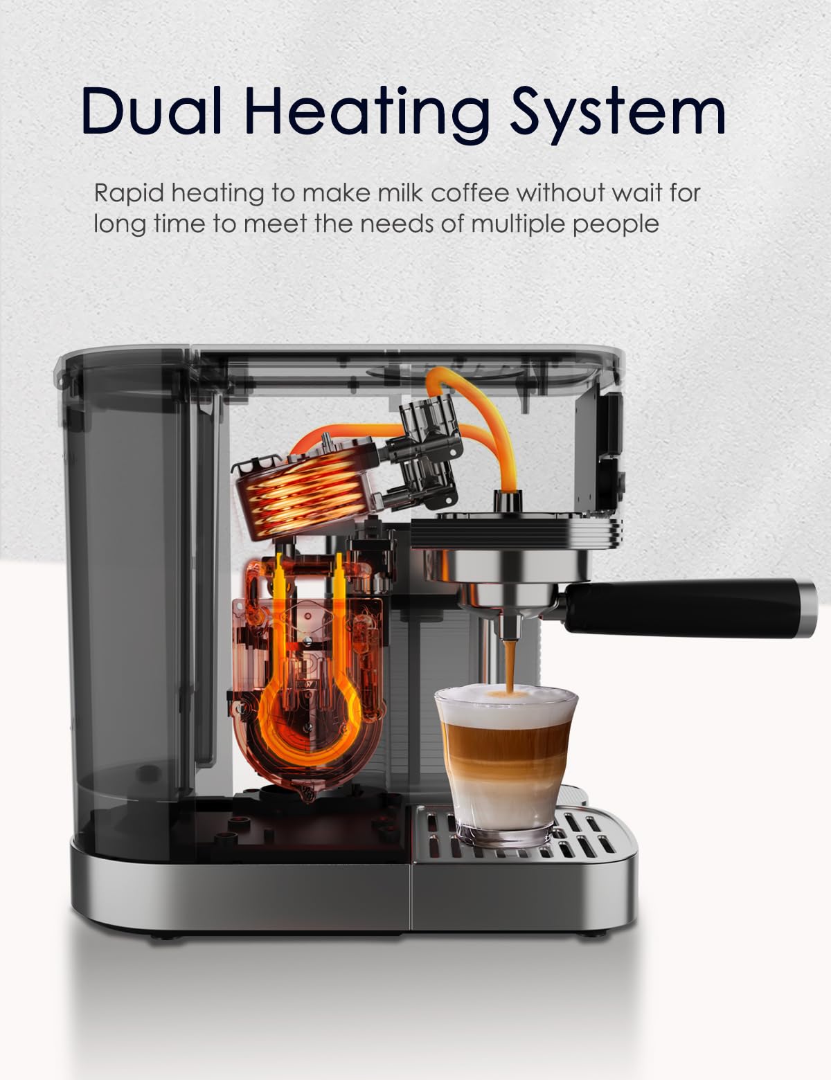 CAFELFFE 6-in-1-Espressomaschine, Siebträgermaschine mit Milchtank, Automatische Cappuccinomaschine mit Selbstreinigung und 3 Temperaturoptionen, 1,3 l Edelstahl