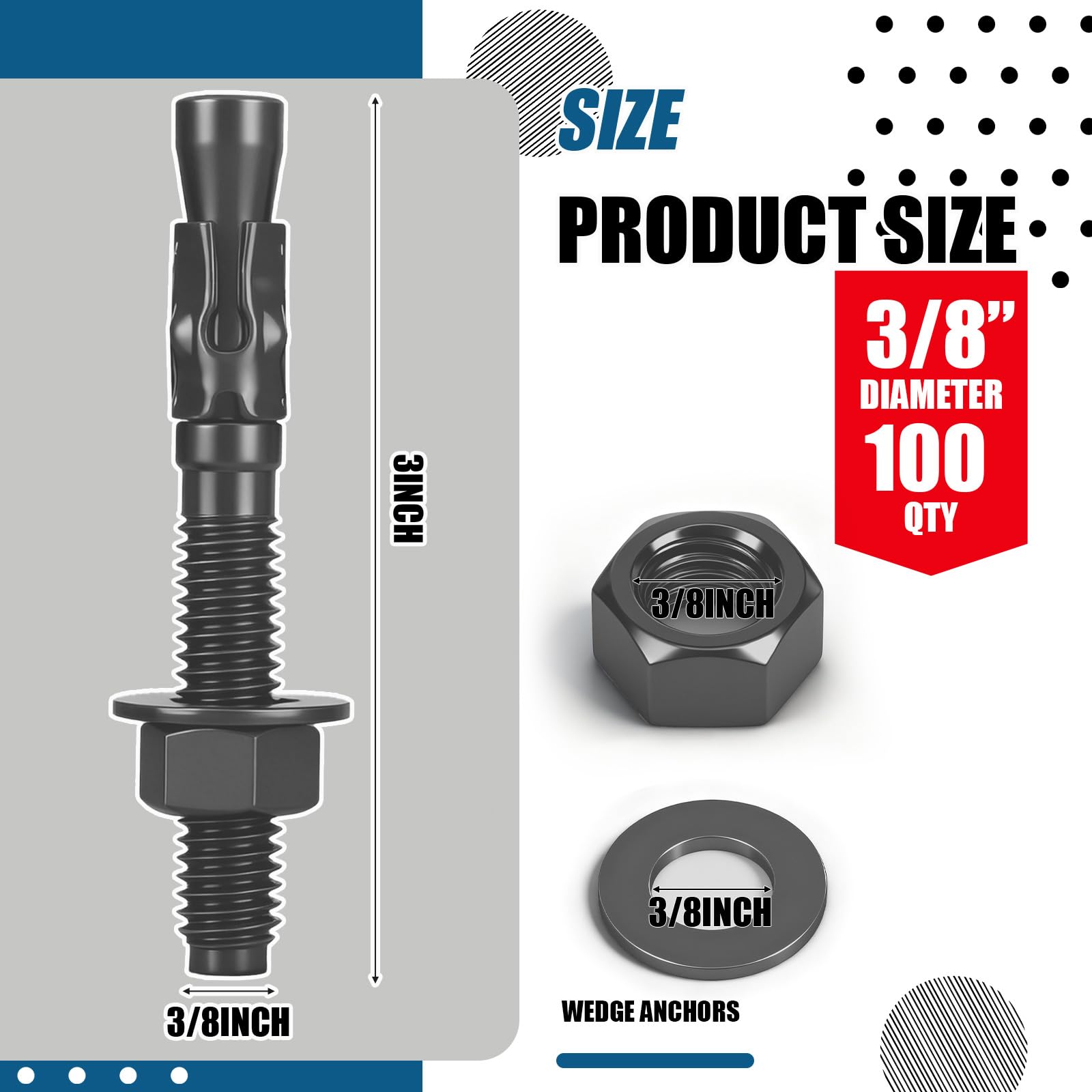 100 tasselli standard da 0,9 x 7,6 cm, per lavori pesanti, rivestimento ruspert, in ceramica nera, zincati, resistenti alla ruggine, standard per cemento, cemento, progetti industriali