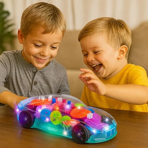 Miniatura 2 de ArtCreativity Juguete sensorial transparente con luz para niños, 1 unidad, auto de juguete con engranajes móviles coloridos, música y efectos LED,