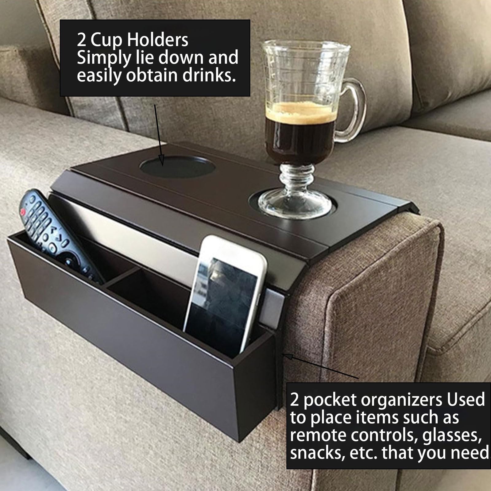 Organizador De Reposabrazos Sofá,Bandeja para Brazo de Sofá,con 2 Portavasos,Plegable con Bolsillo Lateral,para Hogar,para Revistas Snacks o Bebidas y Remoto,Teléfono