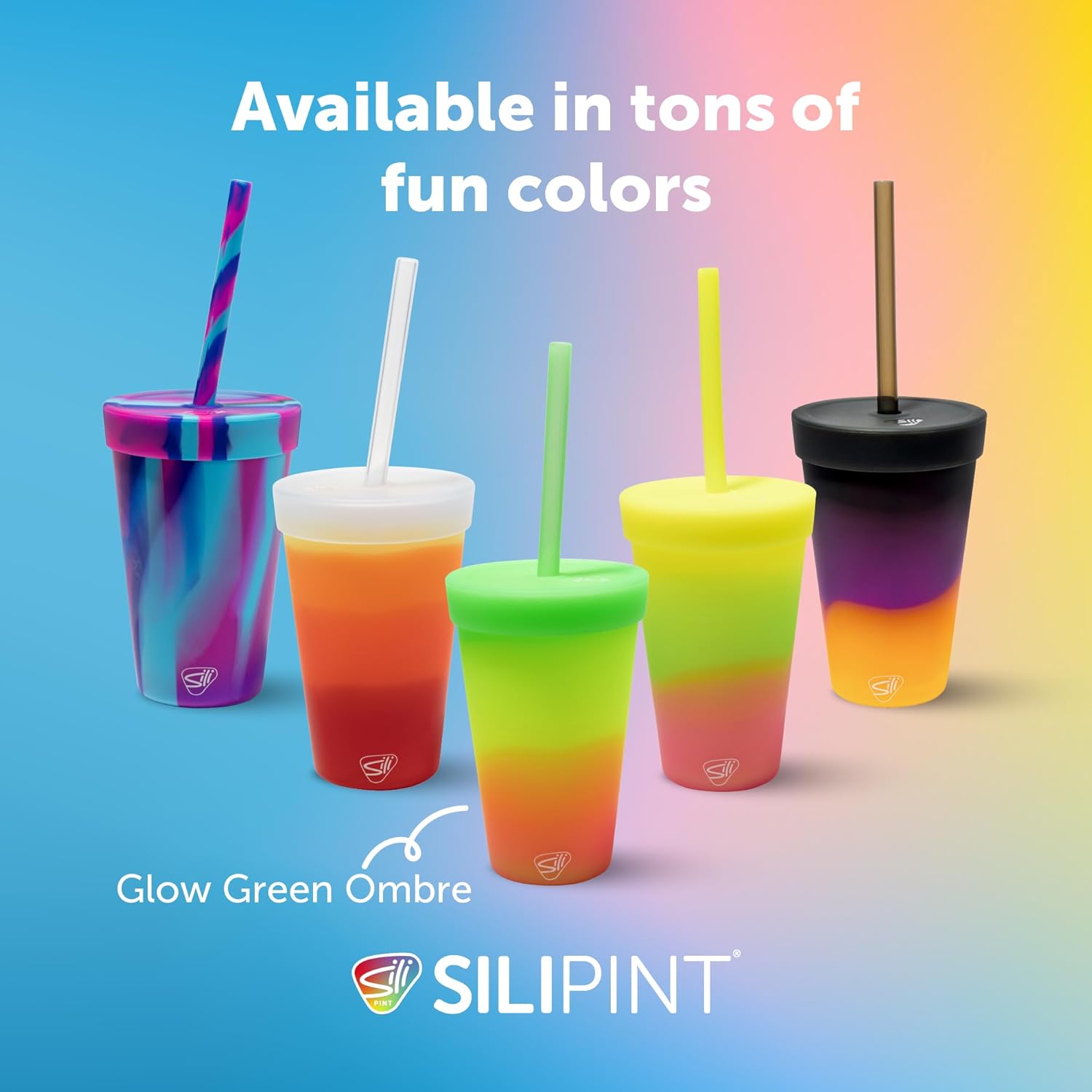 Silipint Silicone Tumbler with Straw Lid – Unbreakable, Non-Toxic, Dishwasher Safe & Spill Proof Tumbler – Perfect Mug for Smoothie, Coffee, Juice, Water (Ombre Glow Green, 16oz - Pack of 4)