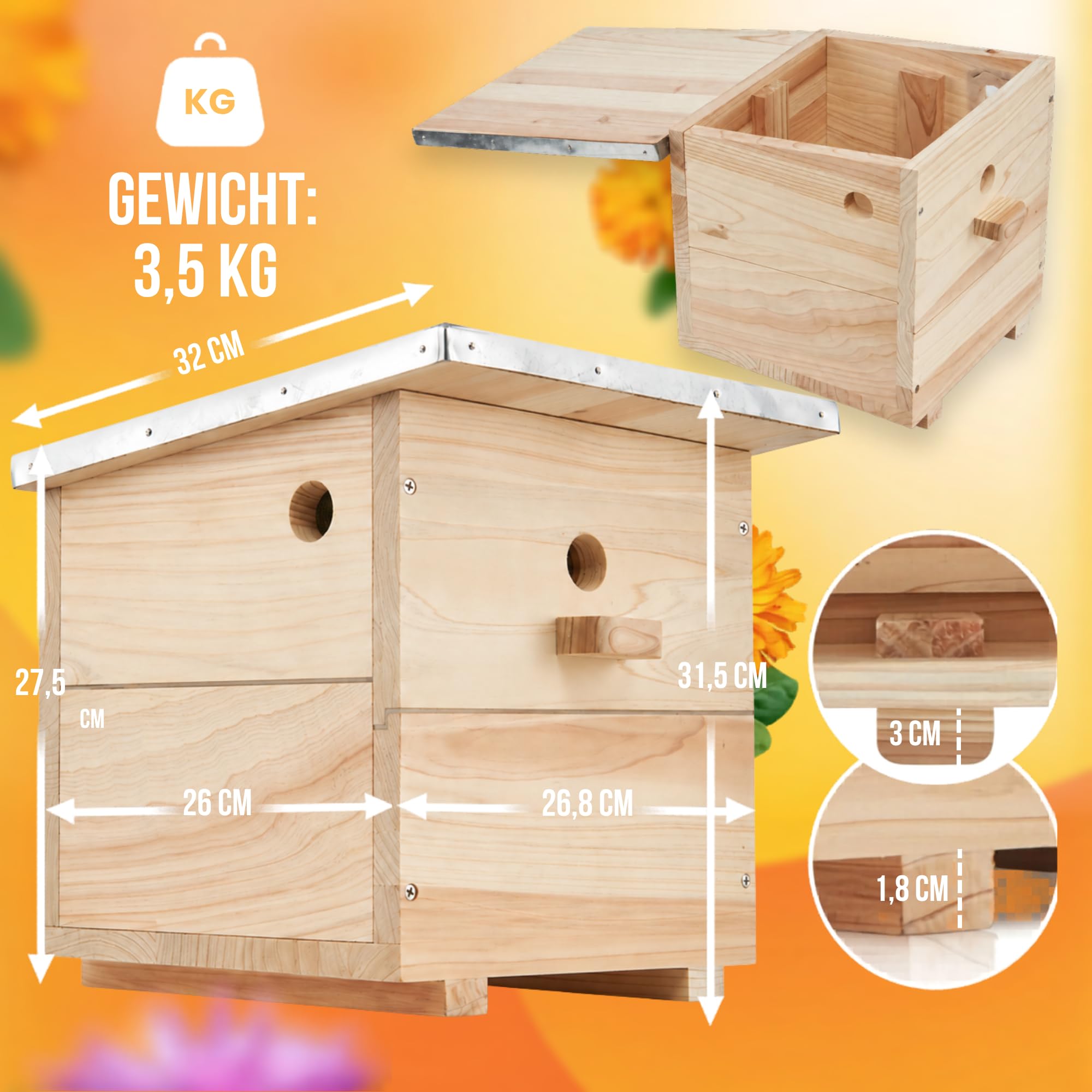 Hummelhaus groß inkl. Wachsmottensperre & Nistmaterial I Kapok, Nistkarton, Holzspäne I Hummelhotel Massivholz verschraubt I Hummelkasten mit Zubehör (mit Vorbau und Wachsmottensperre)