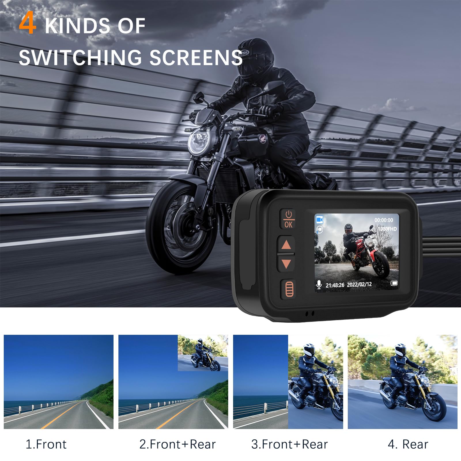 CAMECHO Dash CAM para Moto, Impermeable Total Videocamera Motocicletta AHD 1080P Cámara Delantero y Trasero 150° con GPS Integrado, Wi-Fi, Mando a Distancia con Cable+32GB TF Card