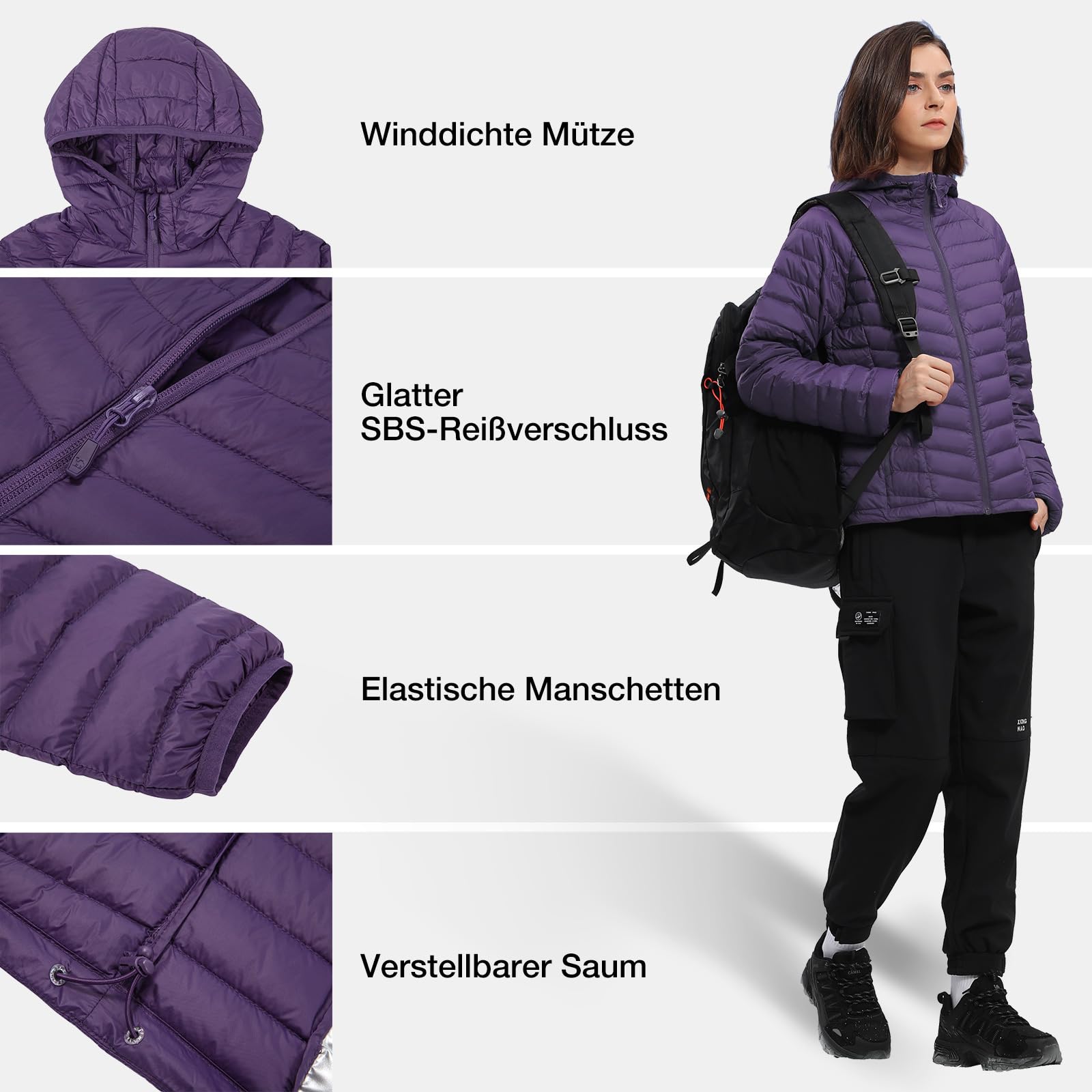 OutPro Piumino da donna leggero e avvolgente, giacca invernale calda con cappuccio, per attività all'aria aperta, calda fodera in policotermico con tasche per il tempo libero, le escursioni, i viaggi