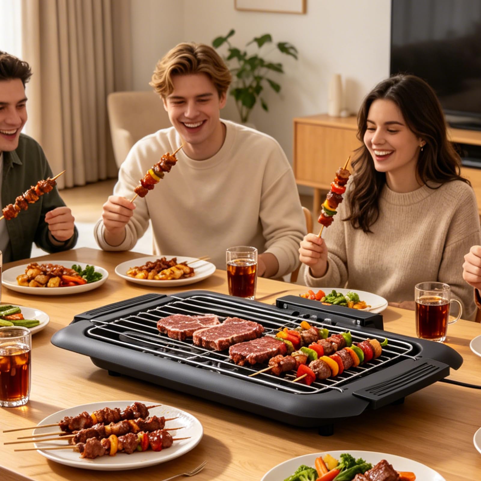 Tischgrill Elektrisch 2000 W,lektrogrill Antihaftbeschichtete Grillplatte, für Drinnen Draußen,mit 6 Temperaturstufen, Abnehmbarem Grillrost und Fettauffangschale für Grillpartys Camping,36 × 22 cm