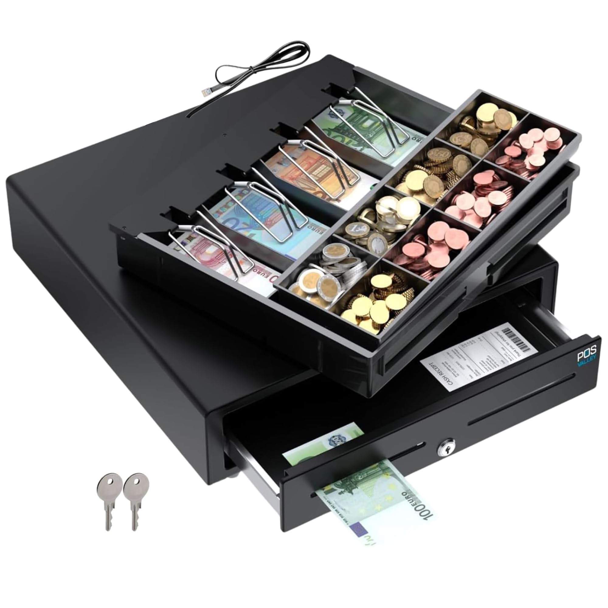 Kassenschublade Elektrisch RJ11-12 Manuell 4 Geldscheinfächern 8 Münzfächern 41x41cm Schwarz POS VALLEY