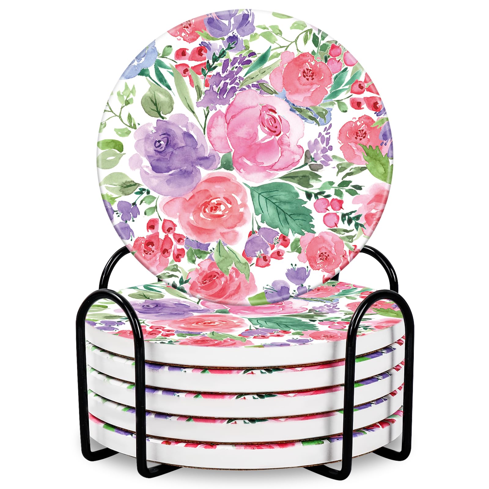 JarThenaAMCS 6Pcs Spring Watercolor Flower Coaster with Holder Colorful Cute Floral Anti Slip Drink Coasters Bloom Absorbent Ceramic Coasters for Home