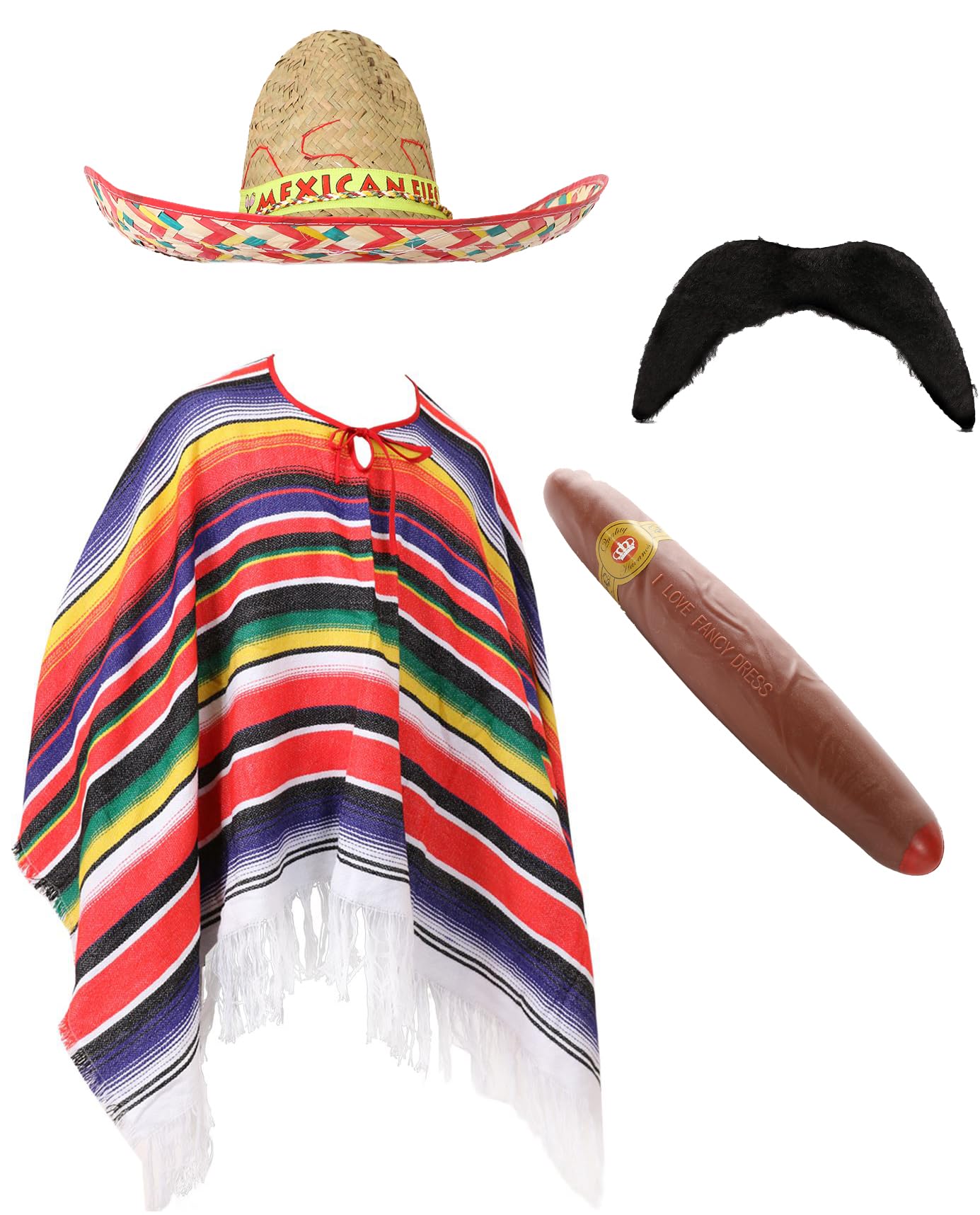Disfraz mexicano para adultos – Poncho, sombrero y bigote falso – talla única