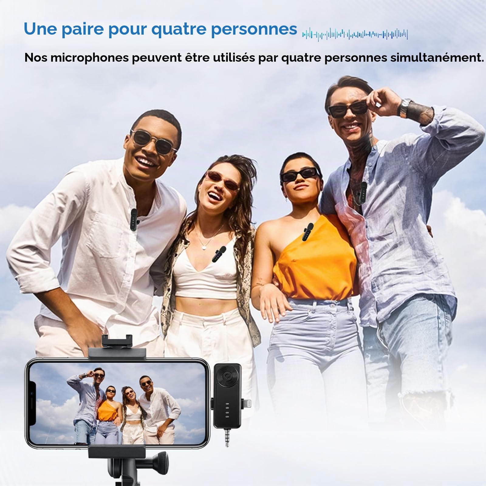 Lot de 4 microphones cravate sans fil avec écran LED, micro cravate à clipser, mini microphone avec réduction du bruit pour enregistrement vidéo, vlogging TikTok