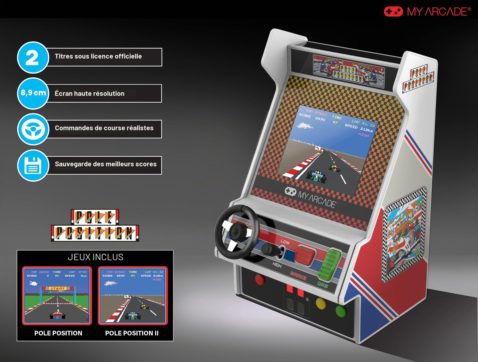 My Arcade Pole Position Racing Player: Retro Mini Arcade Game Console avec 2 Jeux, Real Racing Controls Full Color Screen
