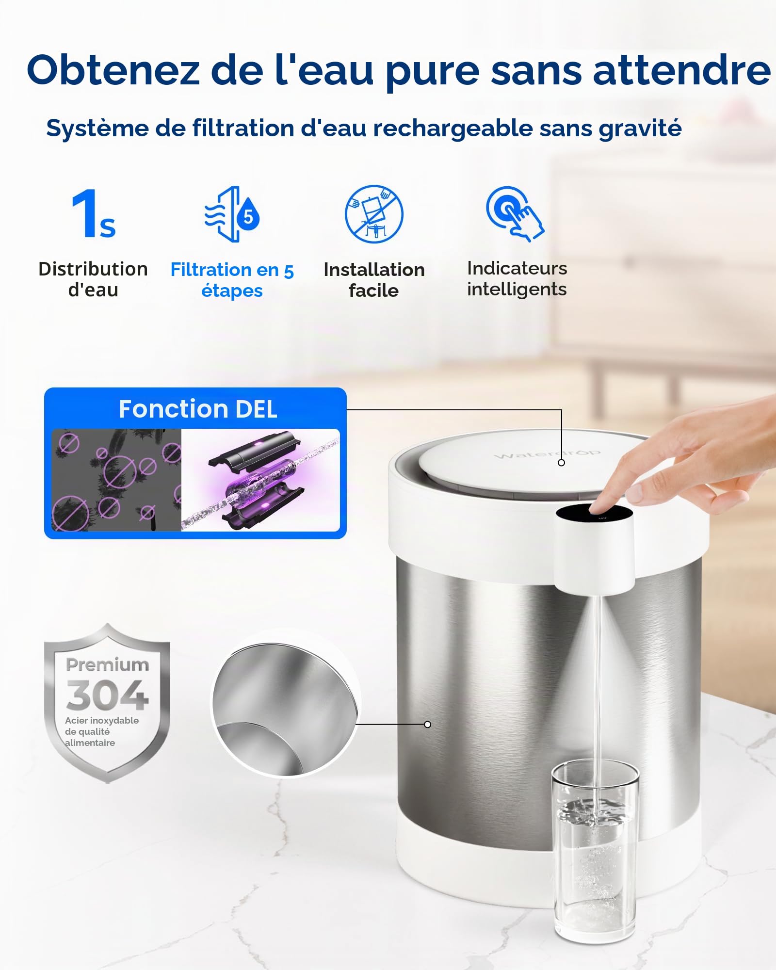 Waterdrop ED09W Distributeur Filtrant Électrique en Acier avec UV, 5,3 L