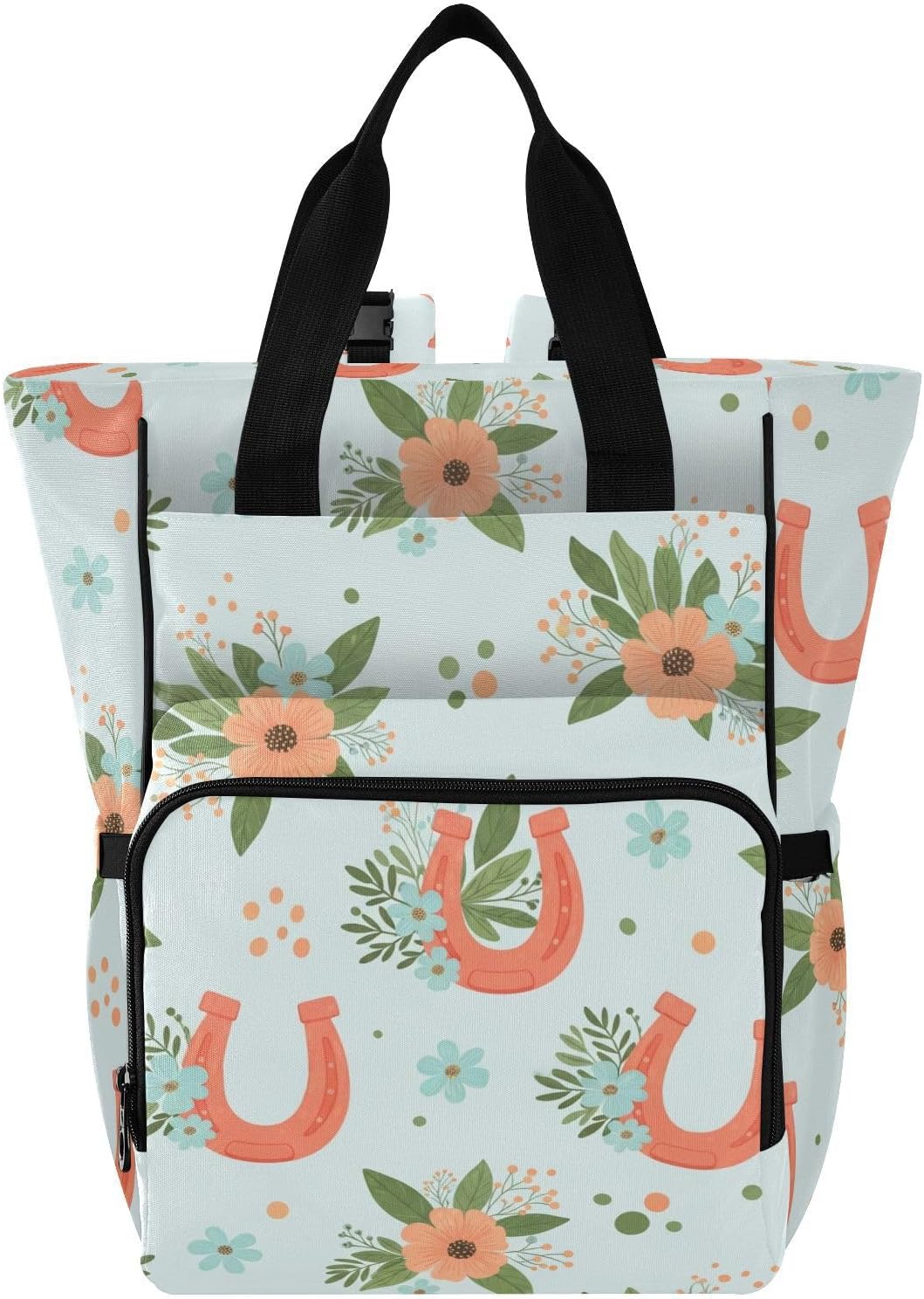 Flowers Horseshoes Blue Pattern Diaper Bag Backpack for Baby Boys Girls Multifunction Baby Essentials Travel Tote with Stroller Straps & Bottle Storage Nappy Changing Bag for Baby Shower Gifts