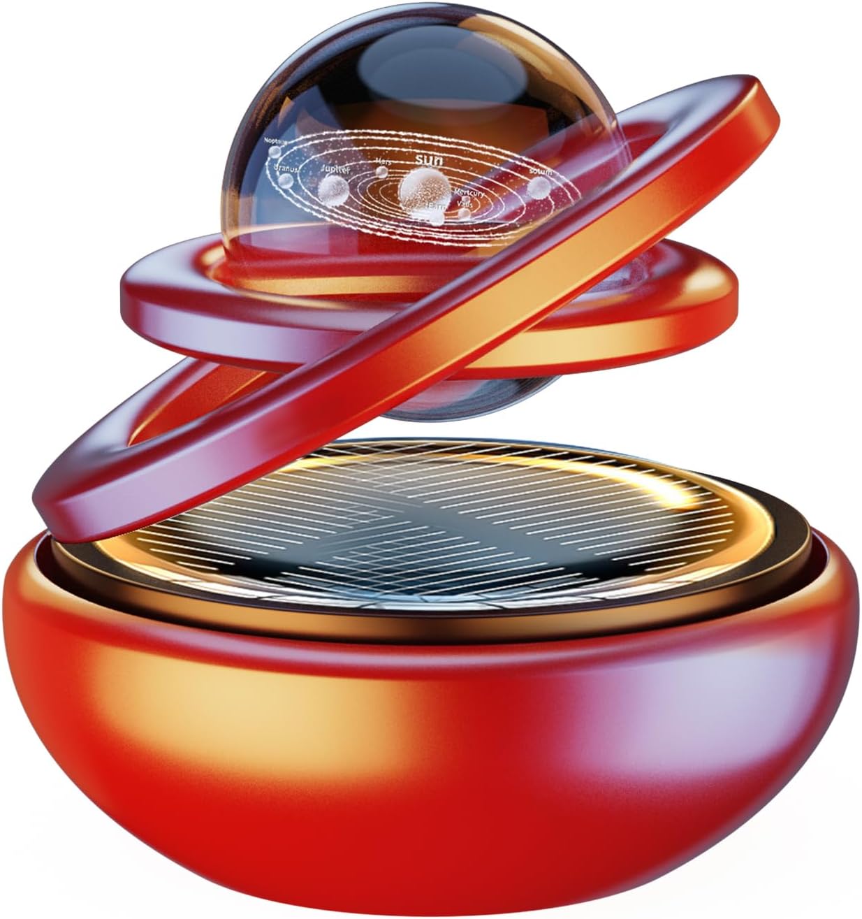 RURISUN Solar powered Rotating Car Dashboard Decorations-inflatable, scented crystal rotating planet air freshener Car Dashboard Decorations, (Red)