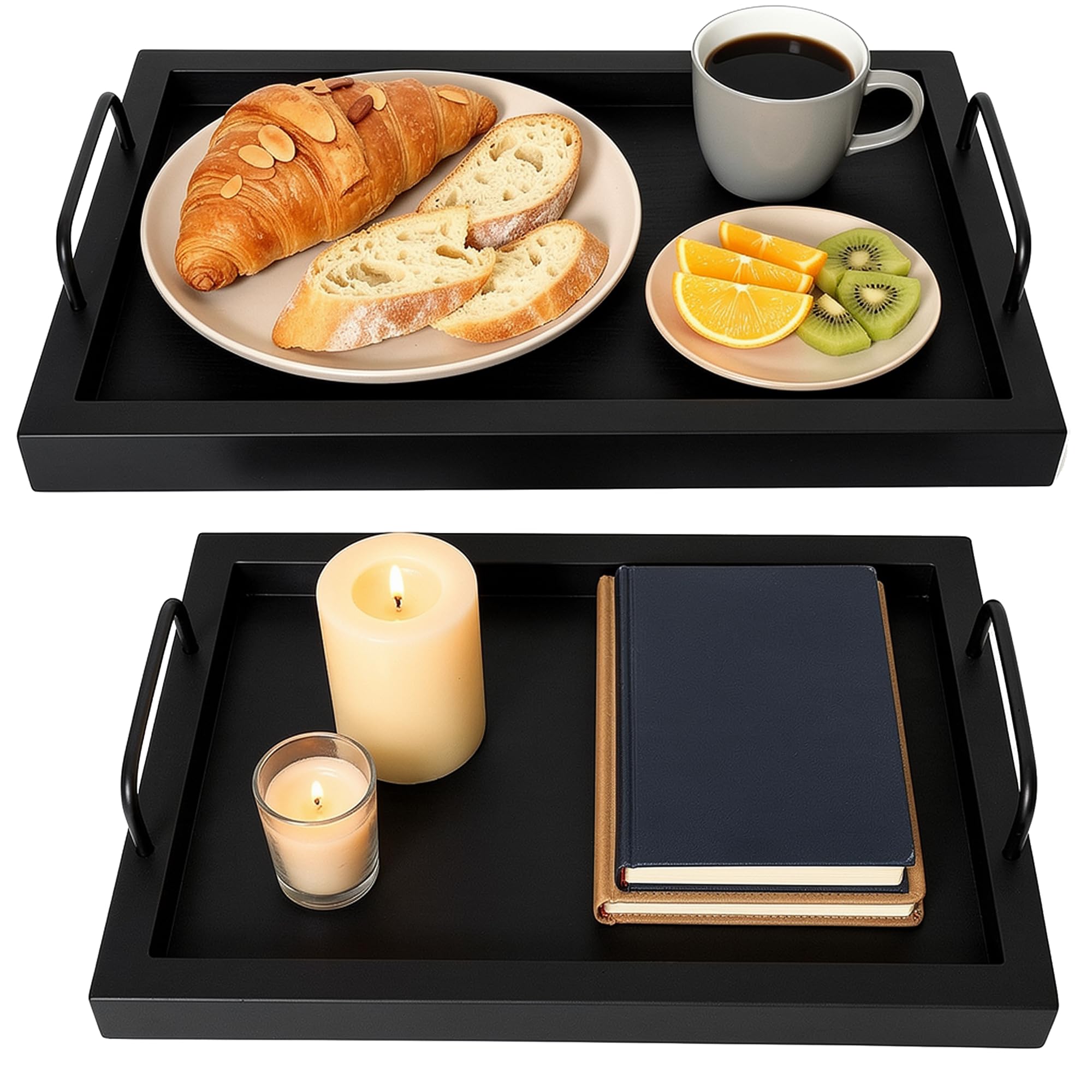 Photo 1 of (Rustic Off White)Besti Rustic Vintage Food Serving Trays (Set of 2) | Nesting Wooden Board with Handles | Stylish Farmhouse Decor Serving Platters | Large: 15 x2 x11” - Small: 13 x2 x9” inches (Rustic Off White)