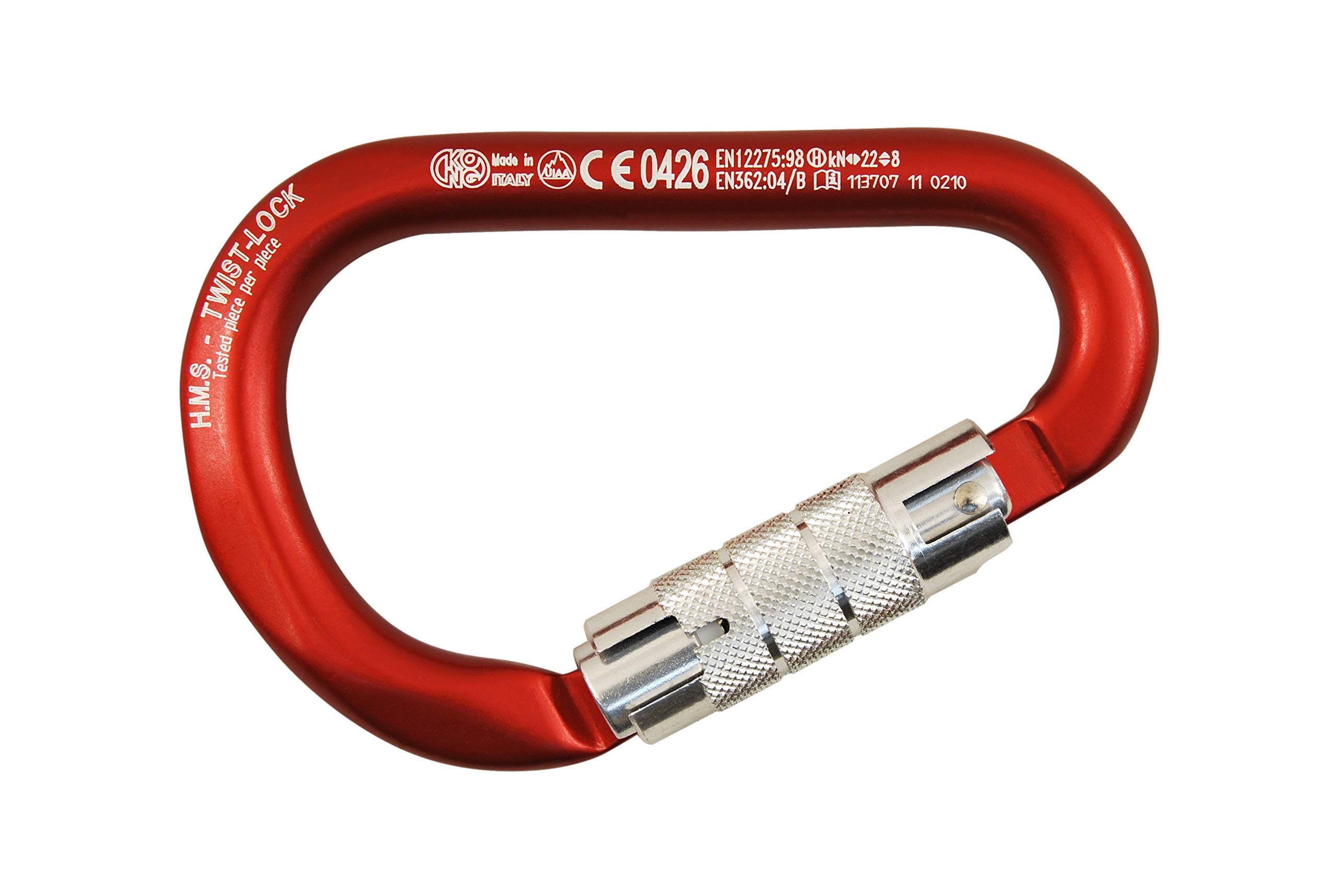 Kong. HMS Classic Twist Lock. Moschettone HMS in Lega di Alluminio. Ghiera a Due Movimenti. Chiusura Automatica. Nodo Barcaiolo. Certificato EN 362/B, EN 12275/B, UIAA. Peso 95g.