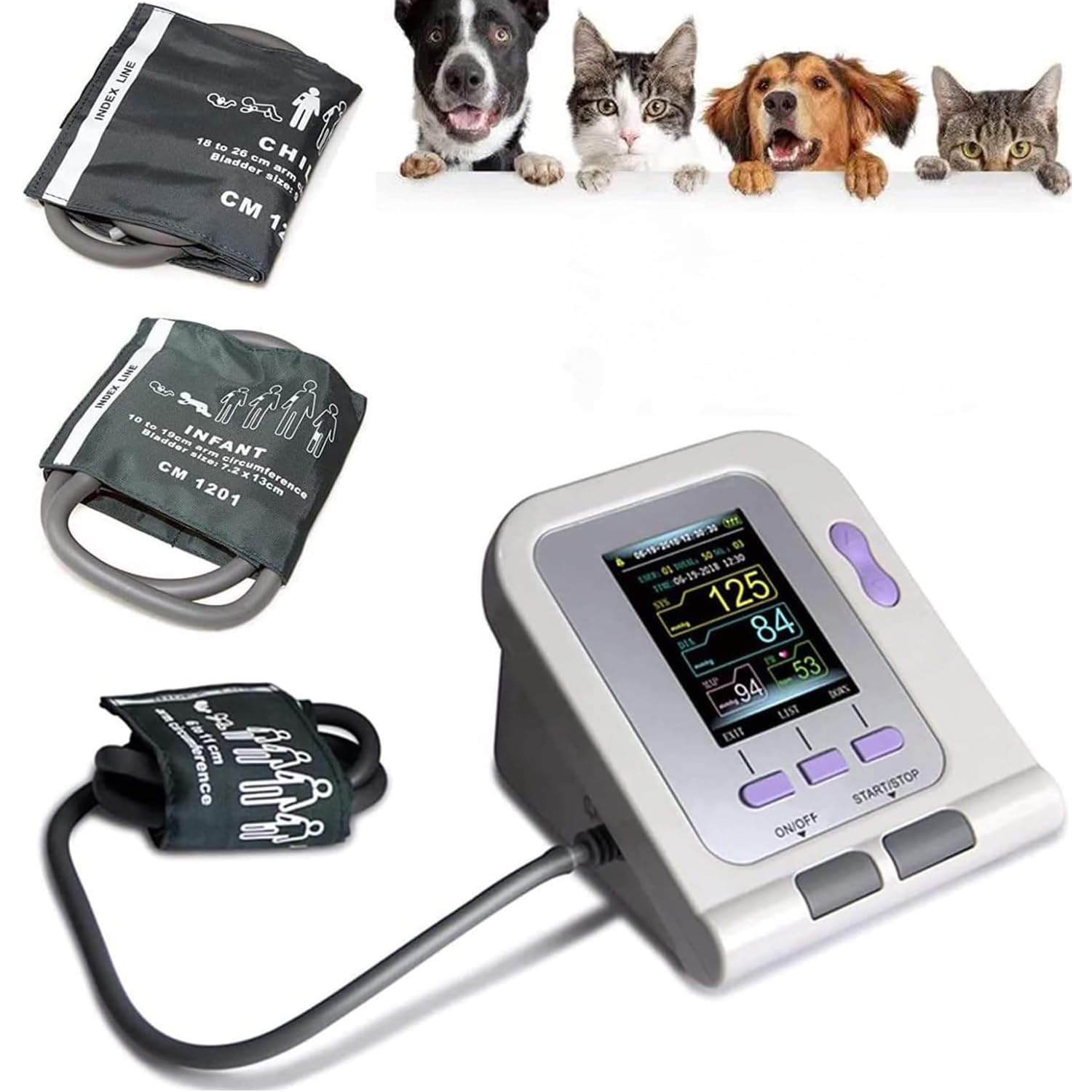 Tensiómetro Veterinario, esfigmomanómetro electrónico Digital Veterinario con 3 Modos y 3 Manguitos, Pantalla LCD de 2,8 Pulgadas y Memoria de 100 Conjuntos de Datos
