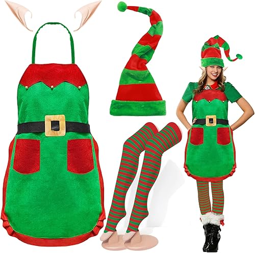 Juego de disfraz de elfo de Navidad de 6 piezas para mujer, incluye delantal de elfo, sombrero largo, medias, orejas de elfo para fiesta de Navidad,