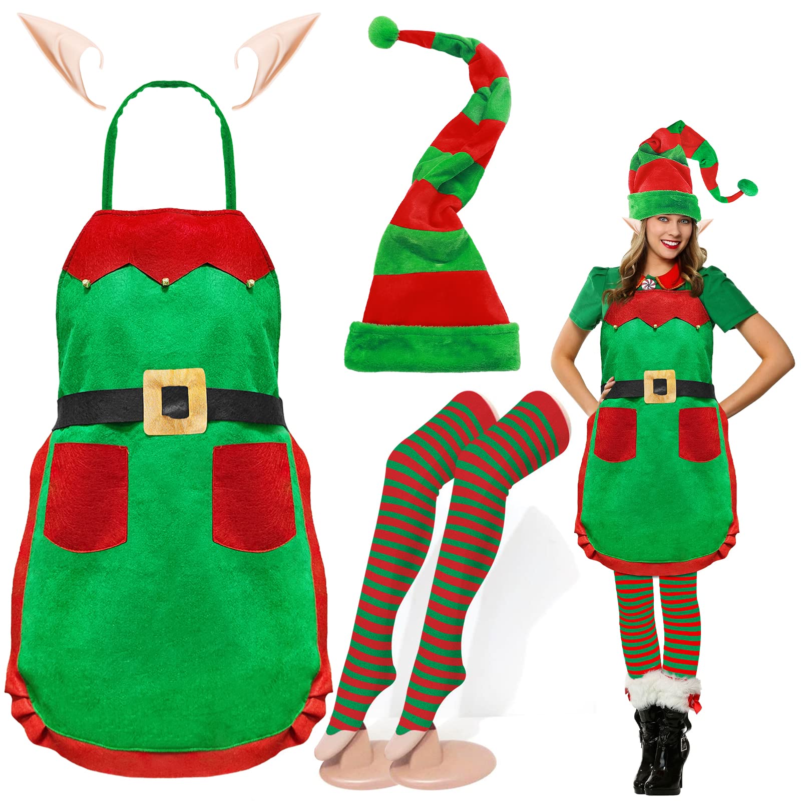 glahorse 6PCS Christmas Elf Costume Set for Women,Include Elf Apron,Long Hat,Stockings, Elf Ear for Christmas Party Role Play