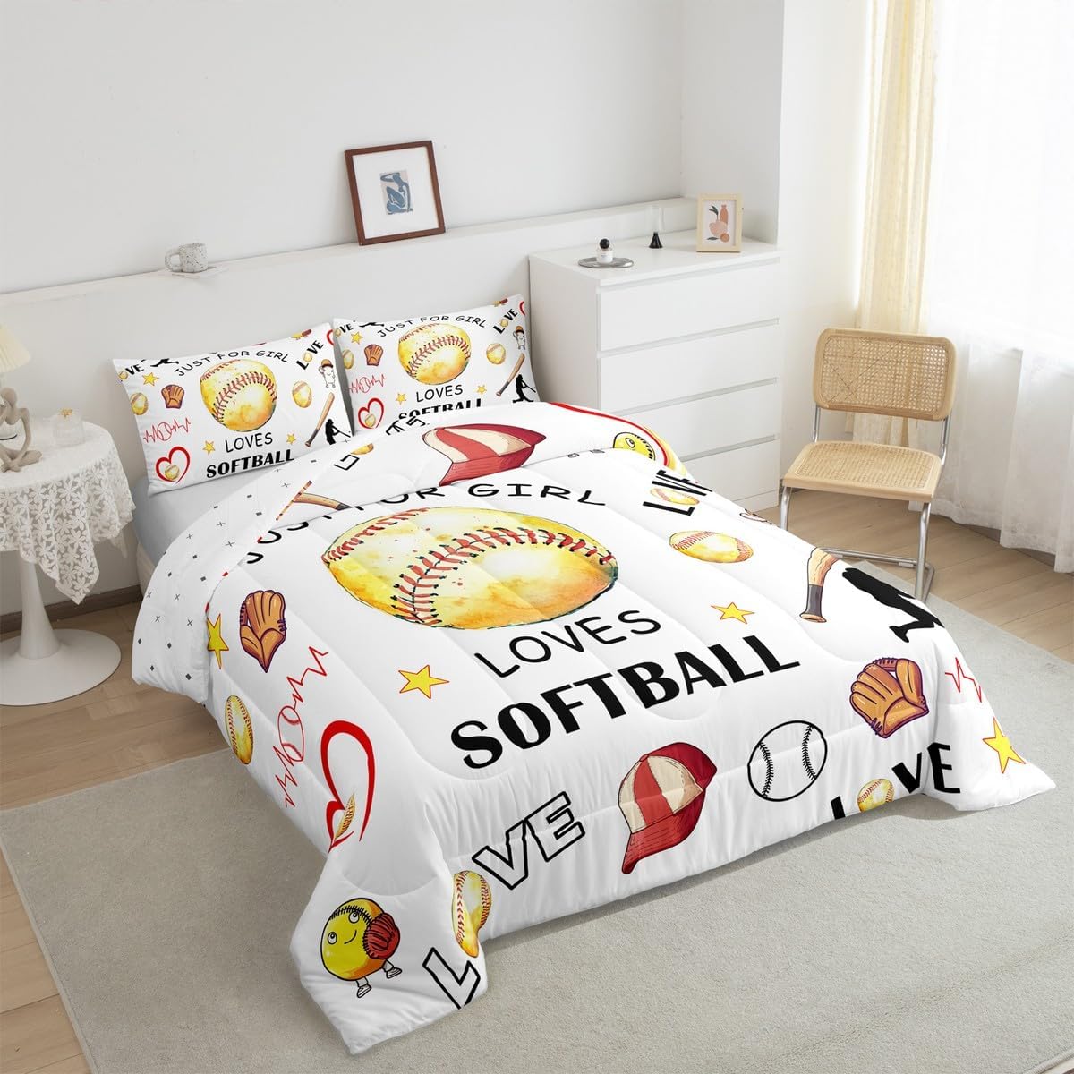 Softball Comforter Set Baseball Bat Glove King Bedding Set, Boys Ball Sports Comforter European Sport Fan Balls Games Duvet Insert