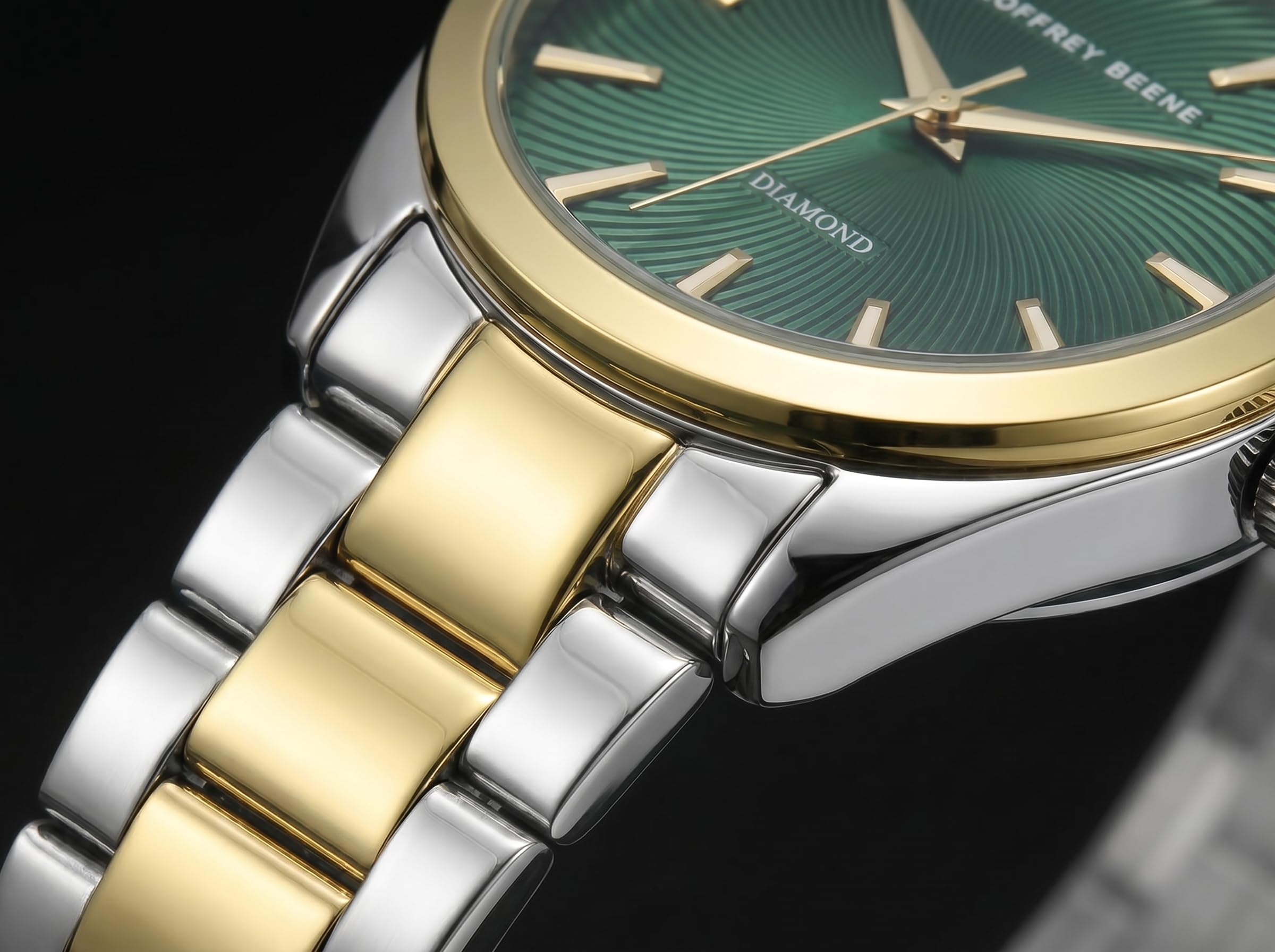 Geoffrey Beene Reloj redondo de dos tonos para hombre, 41 mm, esfera texturizada verde, acento de diamantes