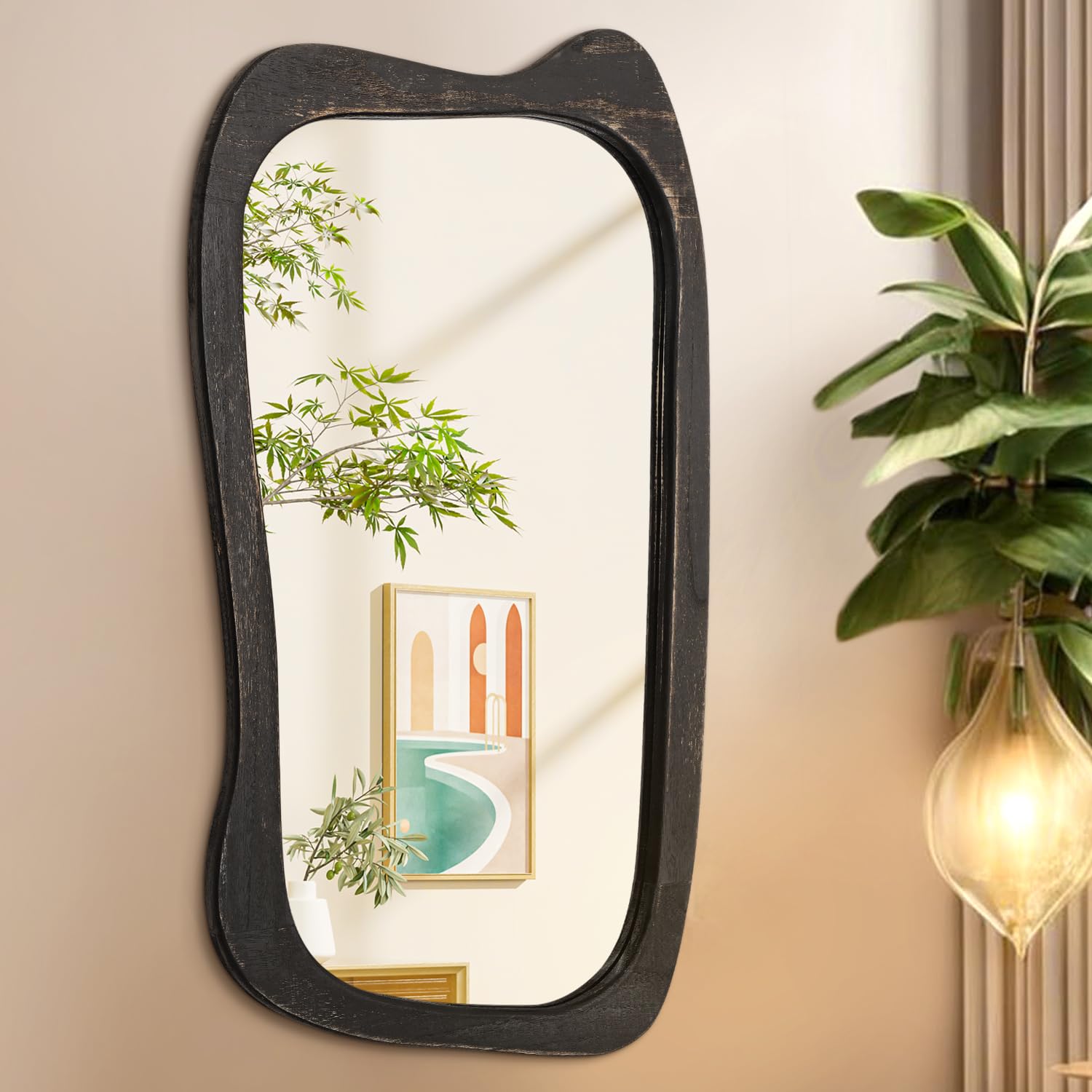 AAZZKANG Large Wall Mirror with Irregular Wood Framed 70x40cm Vintage Asymmetrical Hanging Mirrors for Bathroom Bedroom Living Room Entryway