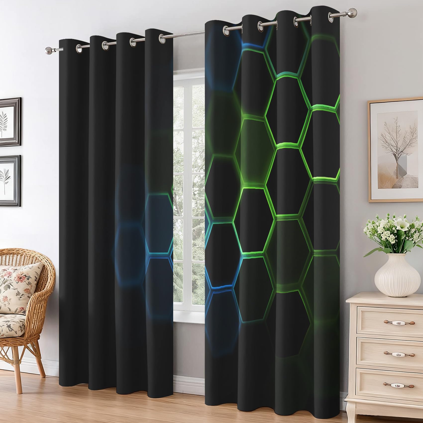 Wabenförmiger Verdunkelungsvorhang 140 x 175 cm (B x H) Geometrische Sechseckvorhänge für Jungen- und Teenagerzimmer, Wohnzimmer, Grün Blau Schwarz Modern Chic Kreative Gardinen, 2er Set