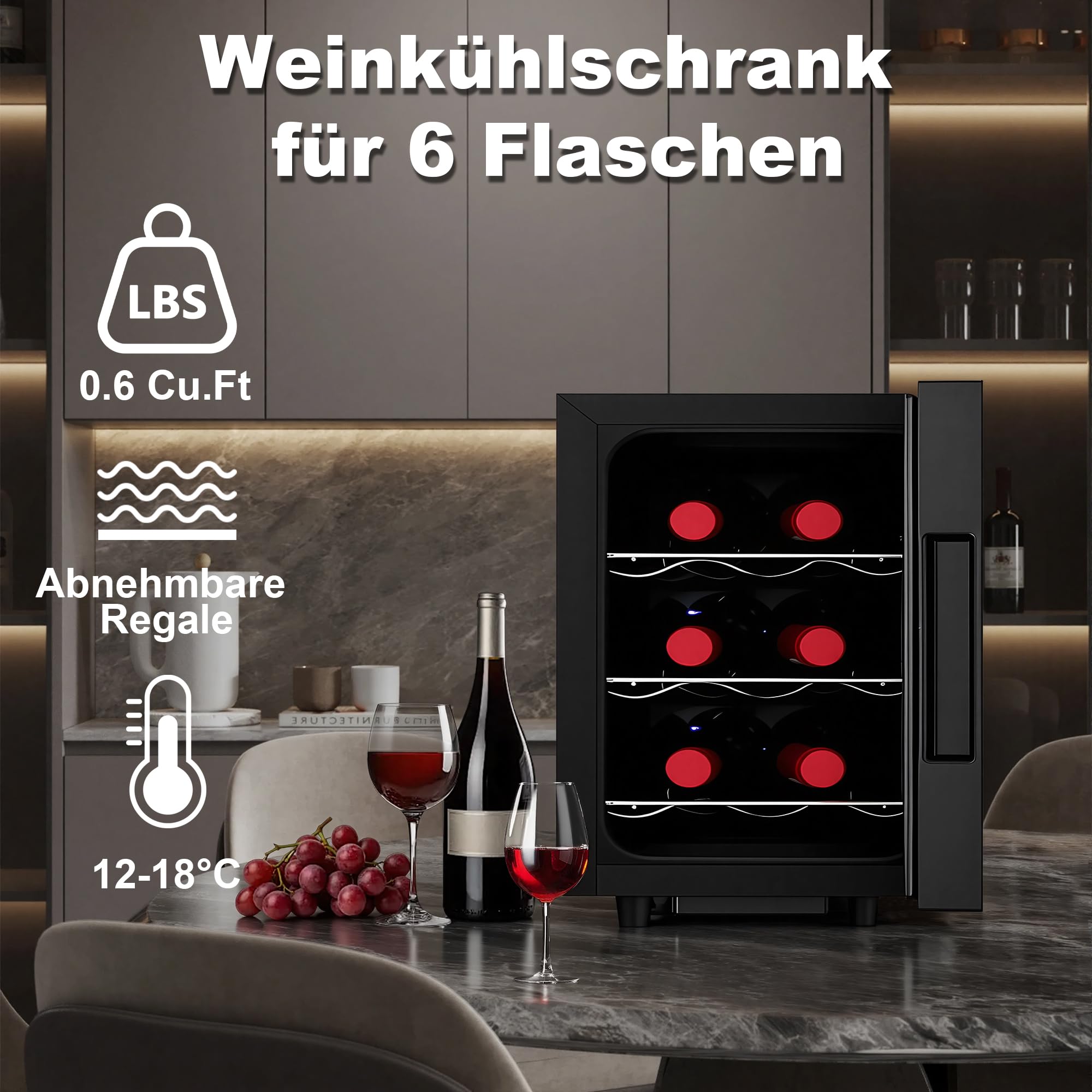 Iceblue Weinkühlschrank 6-Flaschen digitale Temperatursteuerung Schwarz