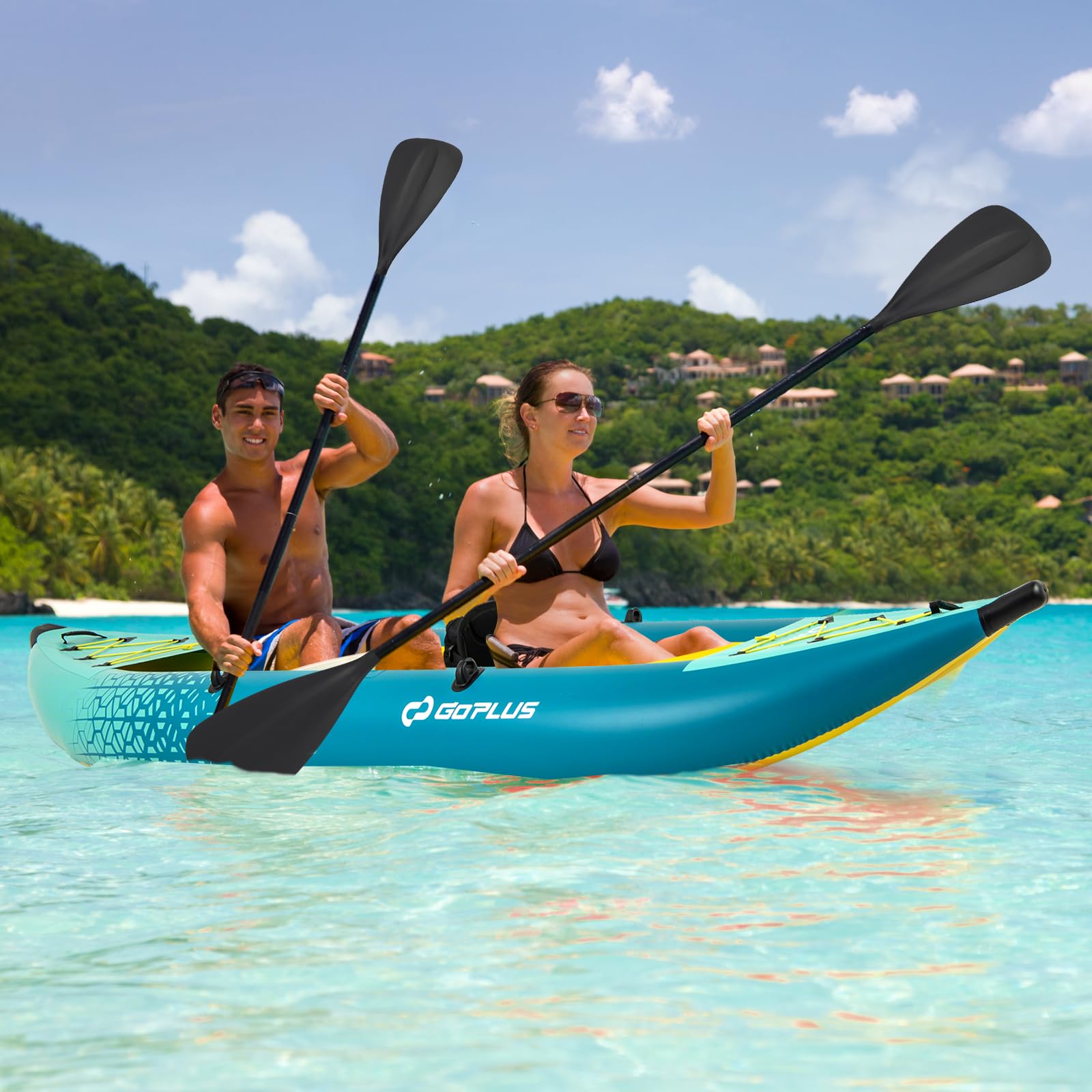 GOPLUS Kayak Gonflable 2 Personnes, Canoe Randonnée 382 cm avec Sièges et Repose-Pieds Réglables, 2 Pagaies, Fixations, 2 Dérives, Pompe à Main, Kit de Réparation, Sac Transport, Charge 230 kg