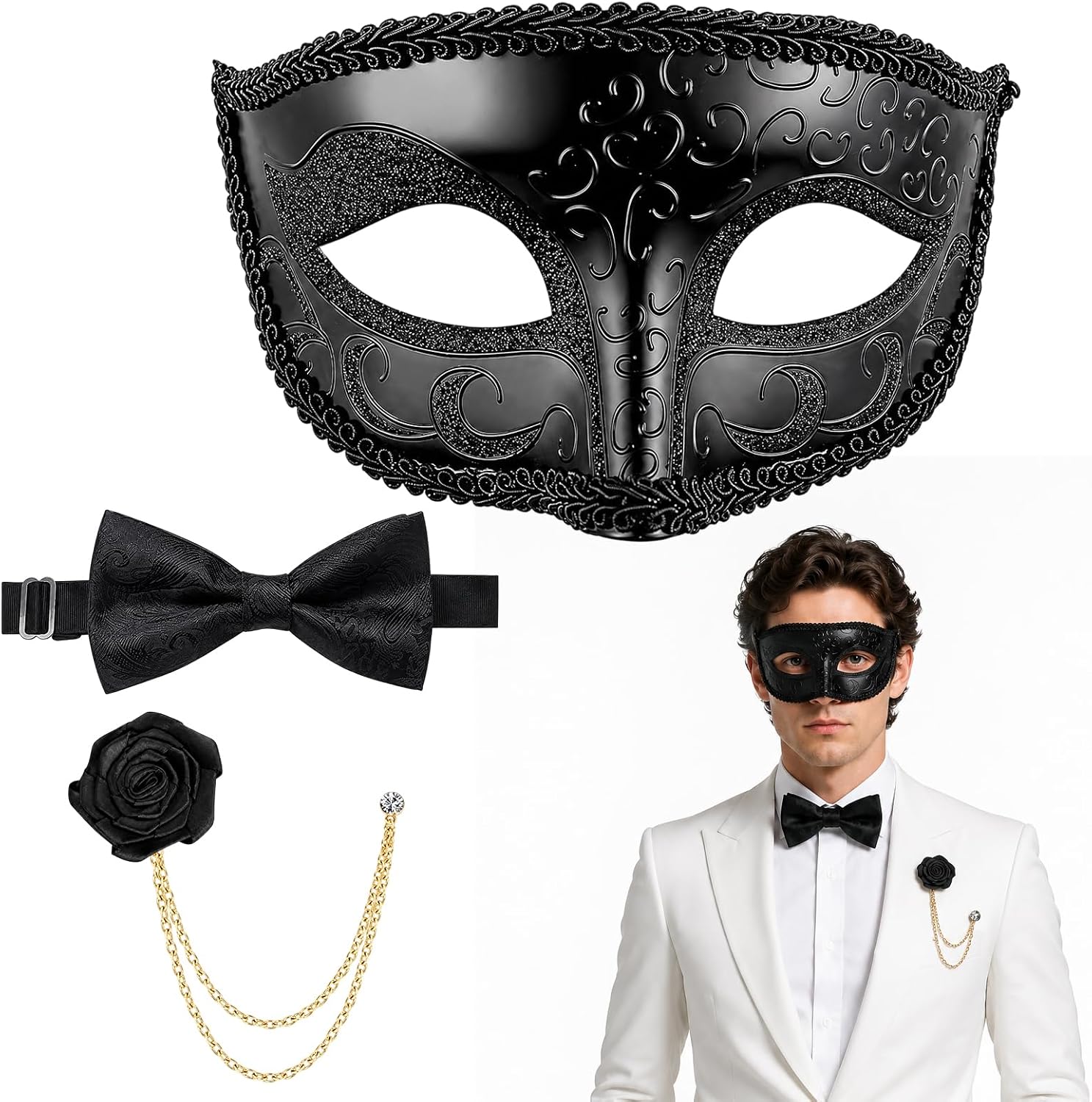 CZFDHP Mens Masquerade Mask, Black Masquerade Mask for Men, 3PCS Mask Bowtie and Brooch Formal Event and Costume Party Wear, Perfect for Halloween, Cosplay and Themed Parties