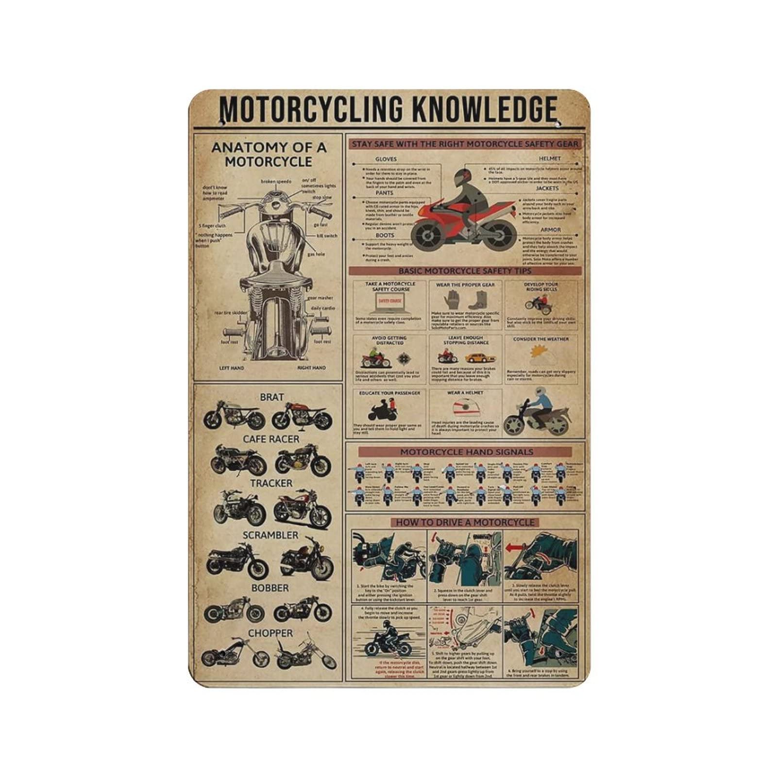 AOOEDM Motorcycle Knowledge Metal Sign for Home Coffee Garage Wall Decor Vintage Poster Bar Signs for Home Bar Retro Metal Tin Sign