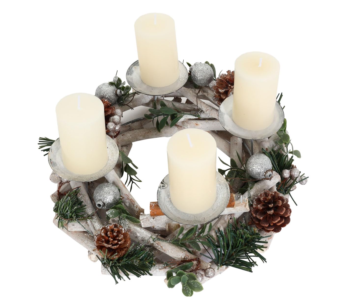 Corona de Adviento HWC-M12, arreglo de Adviento, corona de mesa, decoración navideña para la mesa, corona de madera plateada y blanca de 30 cm de diámetro - con velas