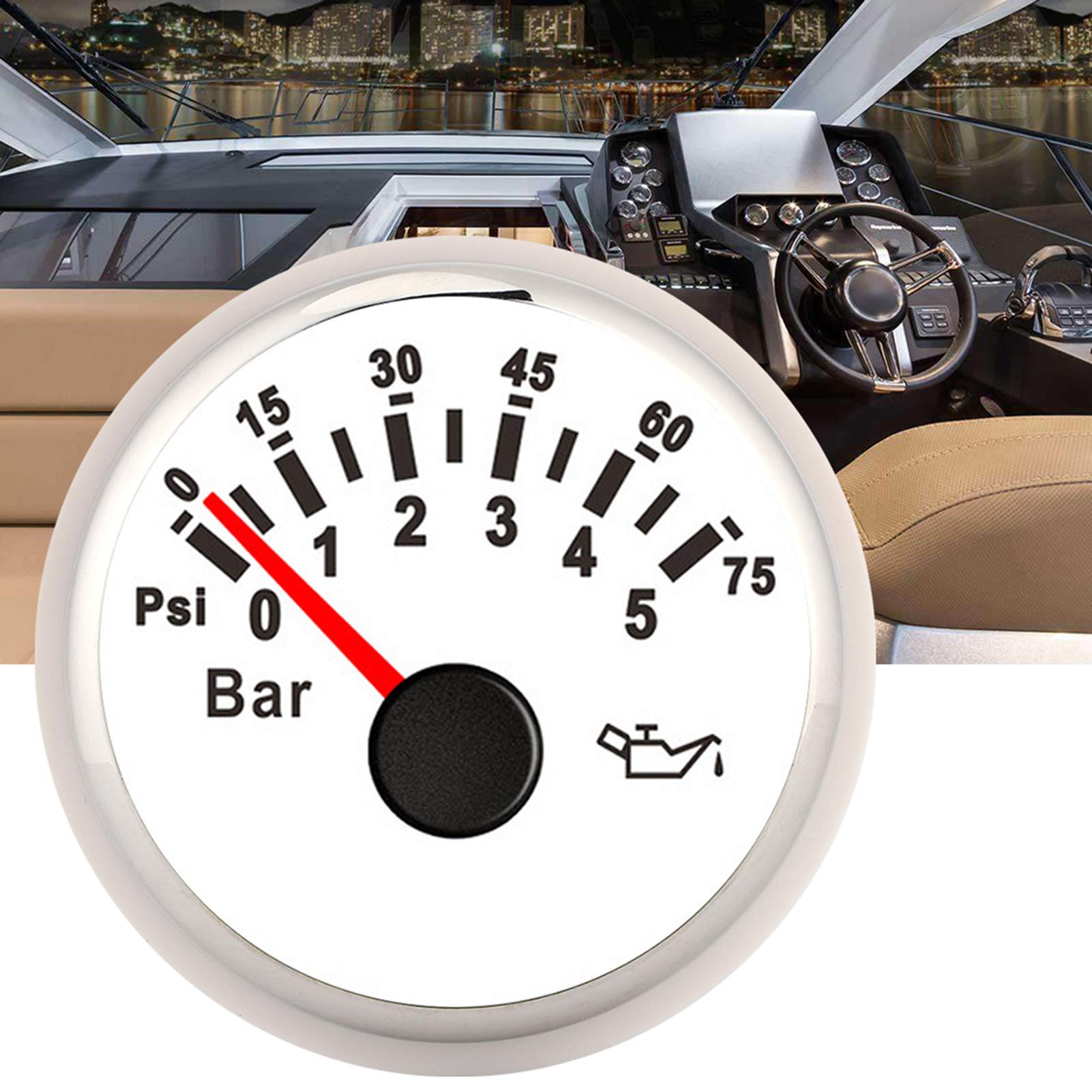 Manometro olio 2in 0-10 bar Misuratore pressione olio 145psi Strumento quadrante retroilluminato a LED per auto moto barca camion 12V/24V(bianca)