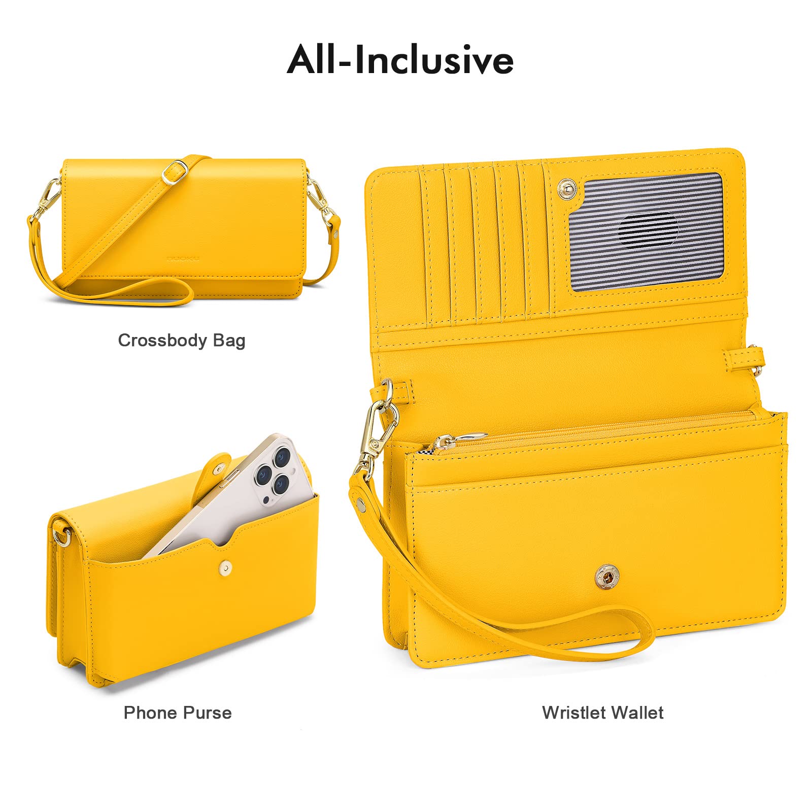 nuoku Crossbody Bag for Women Cellphone Little Purse with Credit Card Slots Lightweight Leather Wristlet Wallet, Yellow