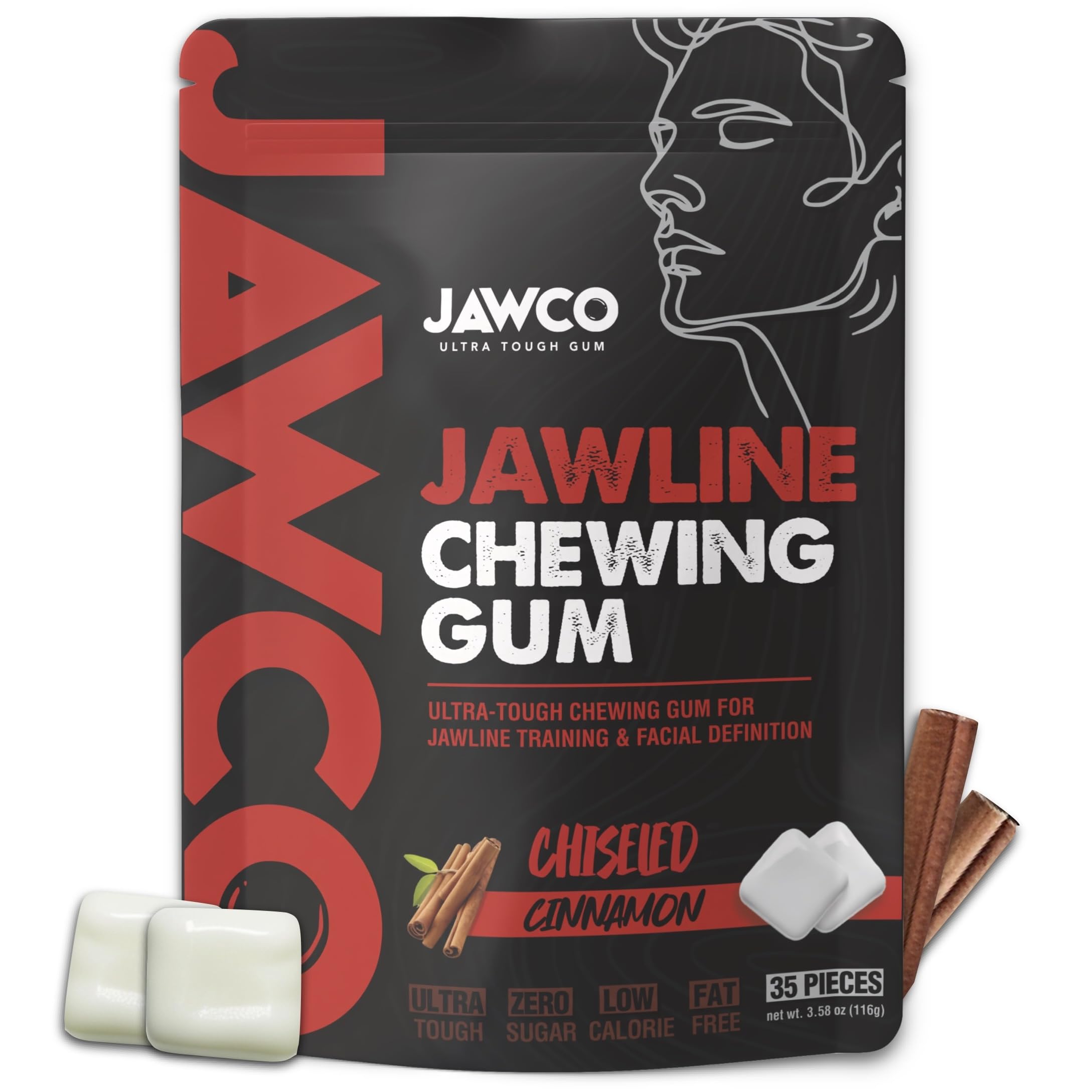 JAWCKO Ultra-tough Jawline Chewing Gum | Get a Stronger, Squarer Jawline | 15X Harder than other Gum | Cinnamon Jaw Training Hard Gum | Chisel, Sculpt, & Tone your Jaw | Facial Fitness Mewing Gum