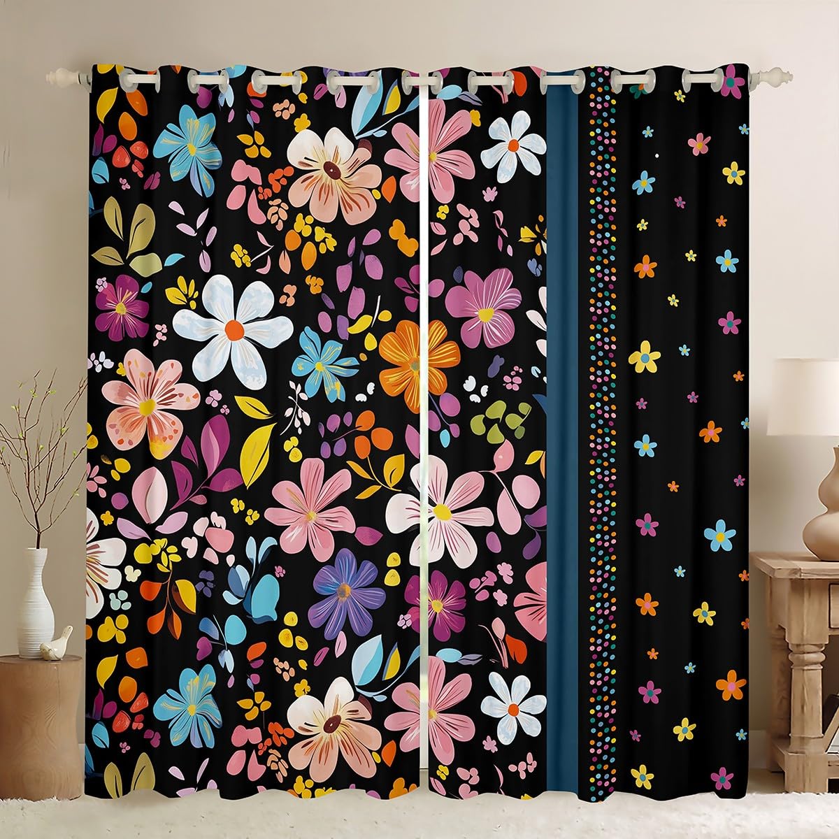 Homemissing Floral Blackout Curtains Flower Darkening Drapes for Bedroom Living Room Decor Wildflower Botanical Thermal Insulated Shades Blossom Window Treatments, 2 Panels W52*L90 — image 1