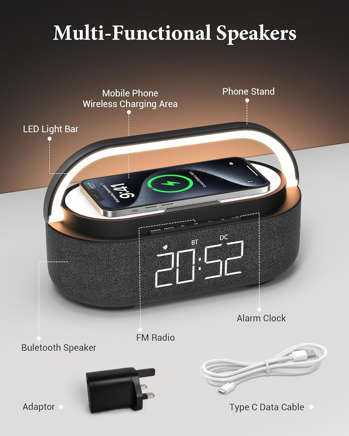 COLSUR Radiobudzik cyfrowy z bezprzewodową ładowarką, głośnik Bluetooth z ładowarką USB, inteligentny budzik, funkcja drzemki, indukcyjna stacja ładująca, lampka nocna, ściemniany wyświetlacz LED i