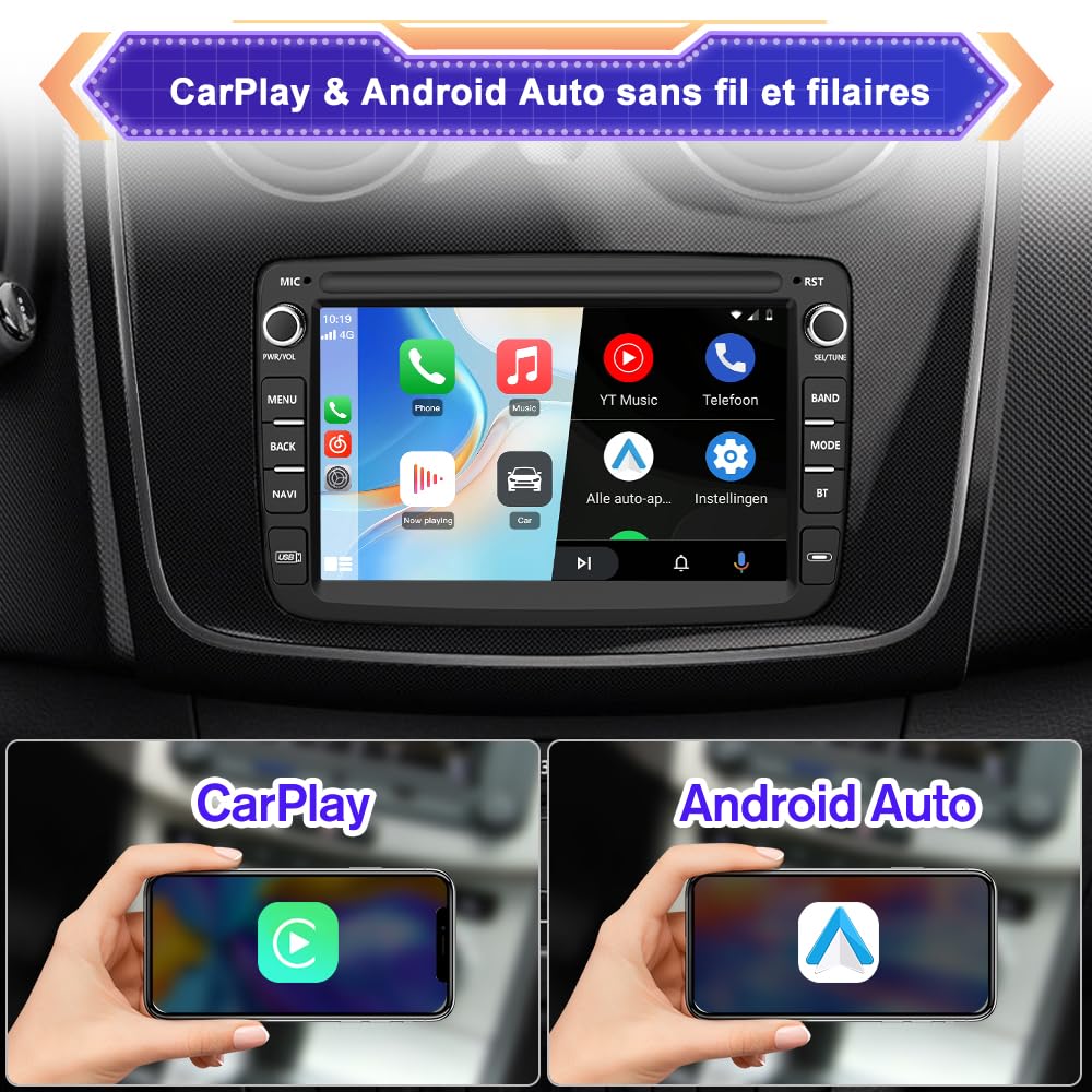 AWESAFE Autoradio Android pour Renault Dacia Duster Sandero Captur Lodgy Symbol Logan Dokker, 7" Écran Tactile [2Go+64Go], CarPlay & Android Auto, GPS, Bluetooth, Commande au Volant, Aide au Parking
