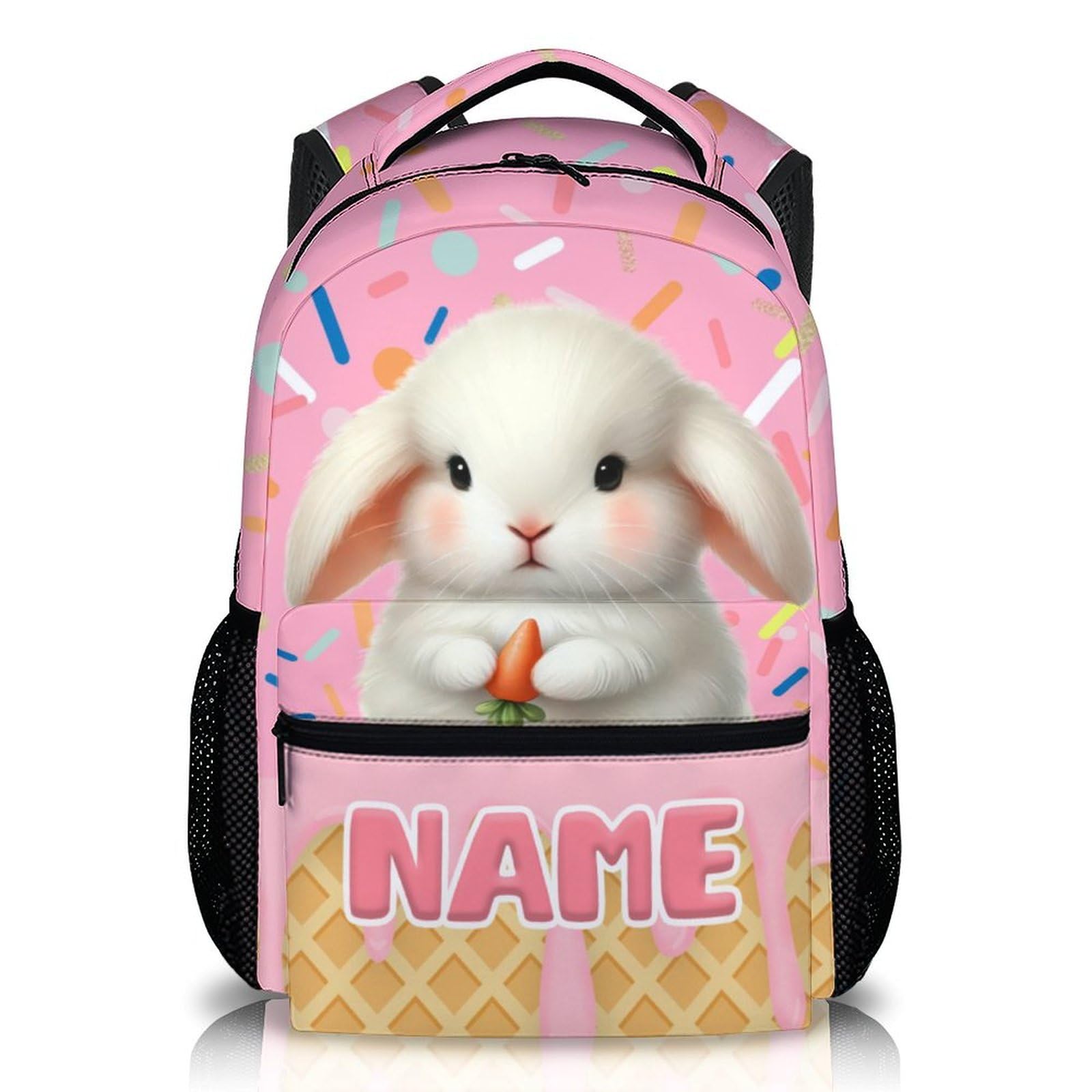 Wedinosaurnes Custom Kids Backpack, Personalized Bunny Schoolbag for Girls 3-10, 17 Inch Cute Rabbit Bookbags for Gift, Preschool Elementary