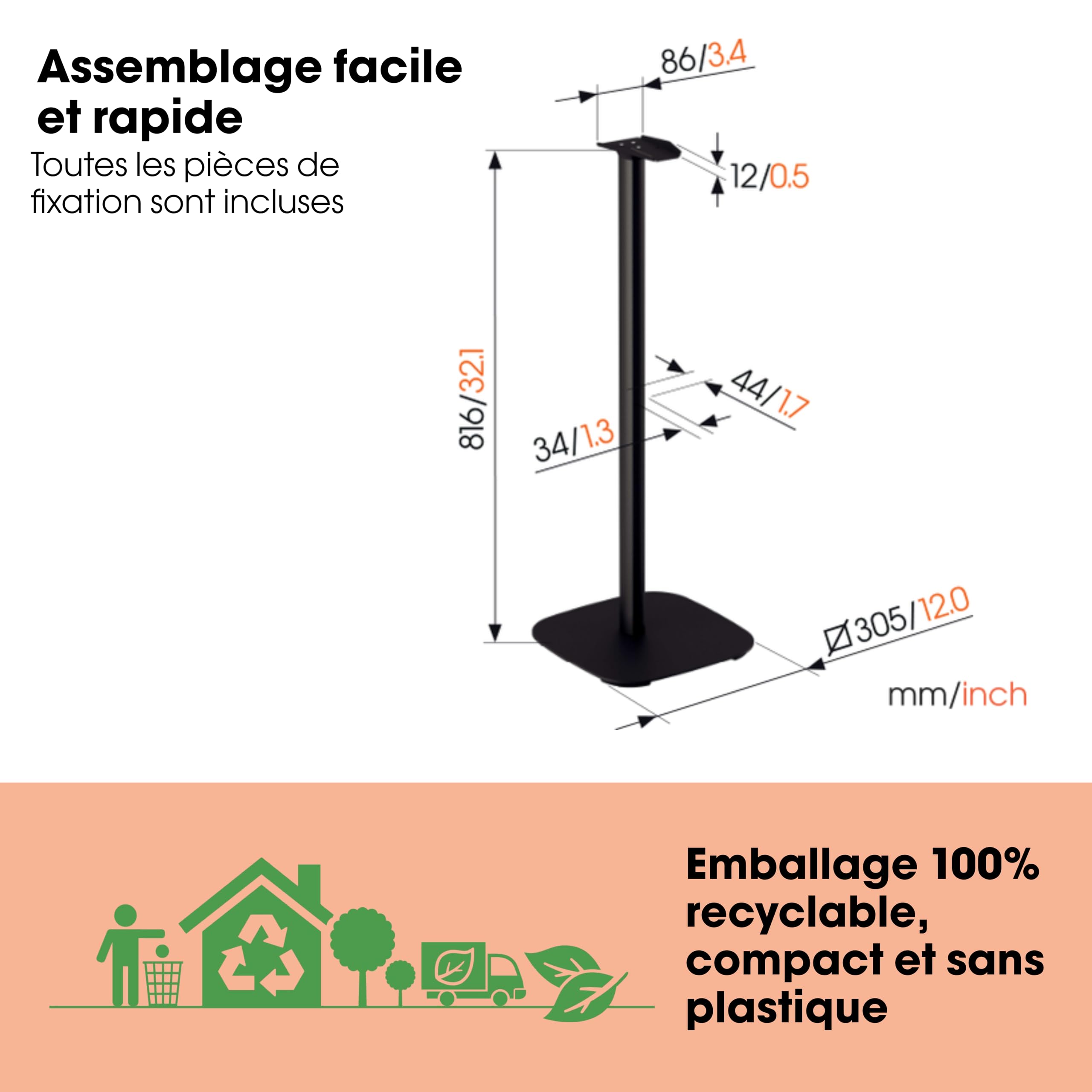 Vogel’s SFS 4133 Support pour Sonos Era 300 | Haut de Gamme et soigneusement pensé | Cache-câbles | Stabilité certifiée TÜV | Hauteur 82 cm | Noir (1 Pied)